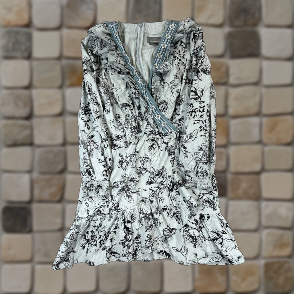 Anthropologie Anthropologie Dress Blouson Womens L Blue Floral Cotton Wrap 3/4 Sleeve V-Neck Tie Short A-Line, Party/Cocktail, Spring Summer Fall, Regular Shirt? Size L / US 10 / IT 46 - 1 Thumbnail