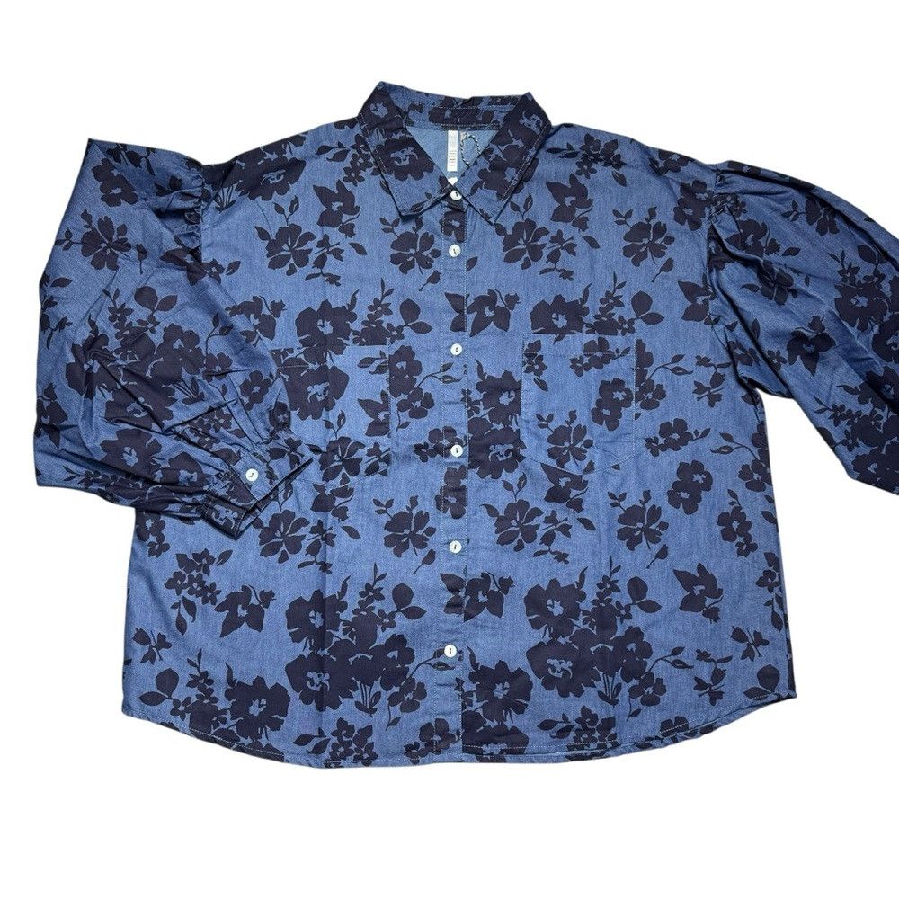 Other NWT New KAKTUS Floral Denim Button Front 3/4 Puff Sleeve Sh Size XXL / US 16-18 / IT 52-54 - 3 Thumbnail