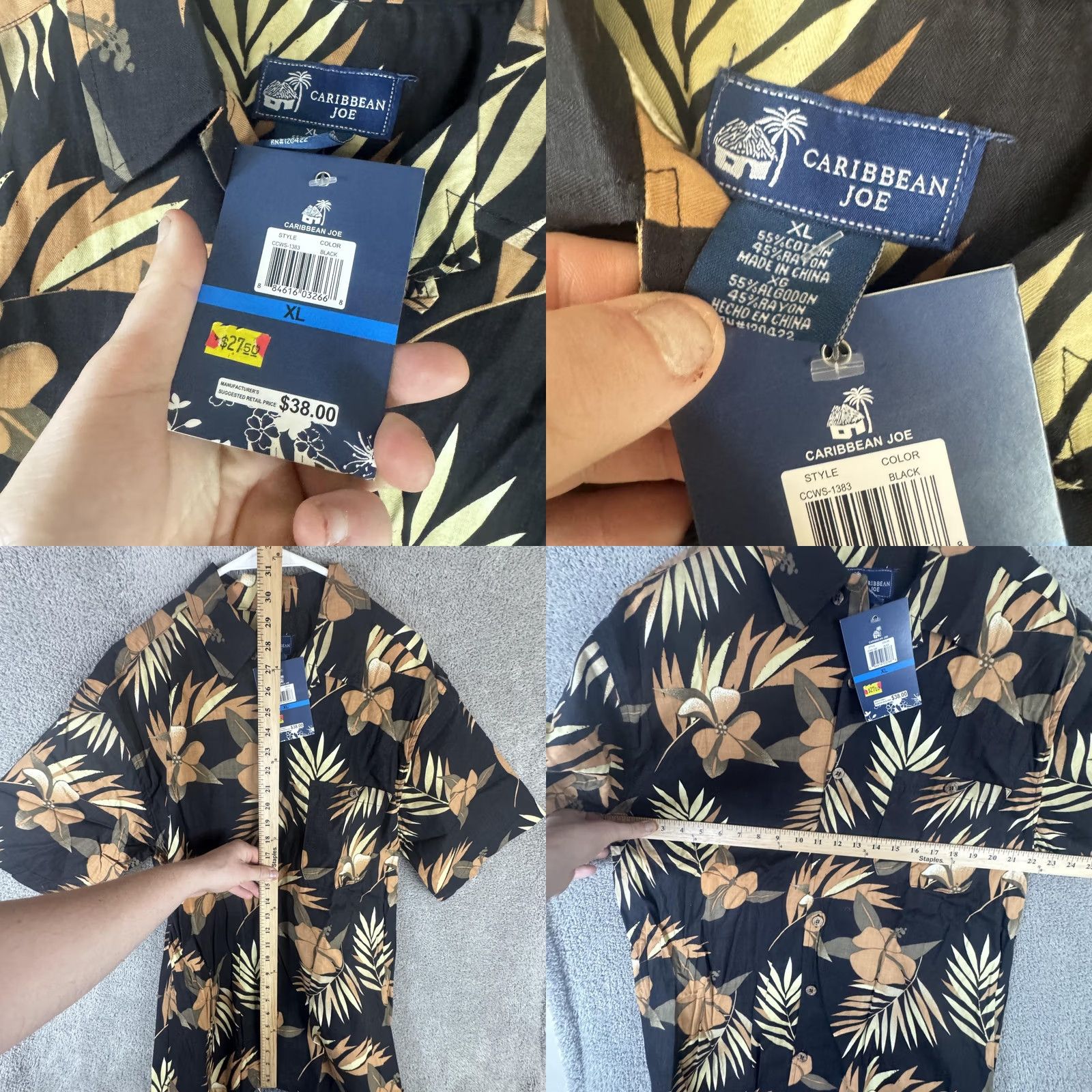 Vintage Caribbean Joe Shirt Mens XL Black Hawaiian Short Sleeve Button Front Tropical Floral Size US XL / EU 56 / 4 - 8 Thumbnail