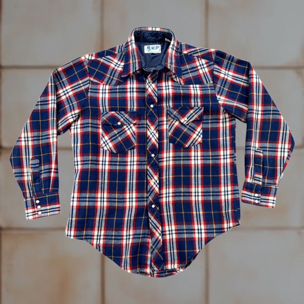 Vintage VINTAGE KP Western Shirt Adult LARGE Blue Red Plaid Acrylic Pearl Snap Workwear 70s Size US L / EU 52-54 / 3 - 1 Thumbnail