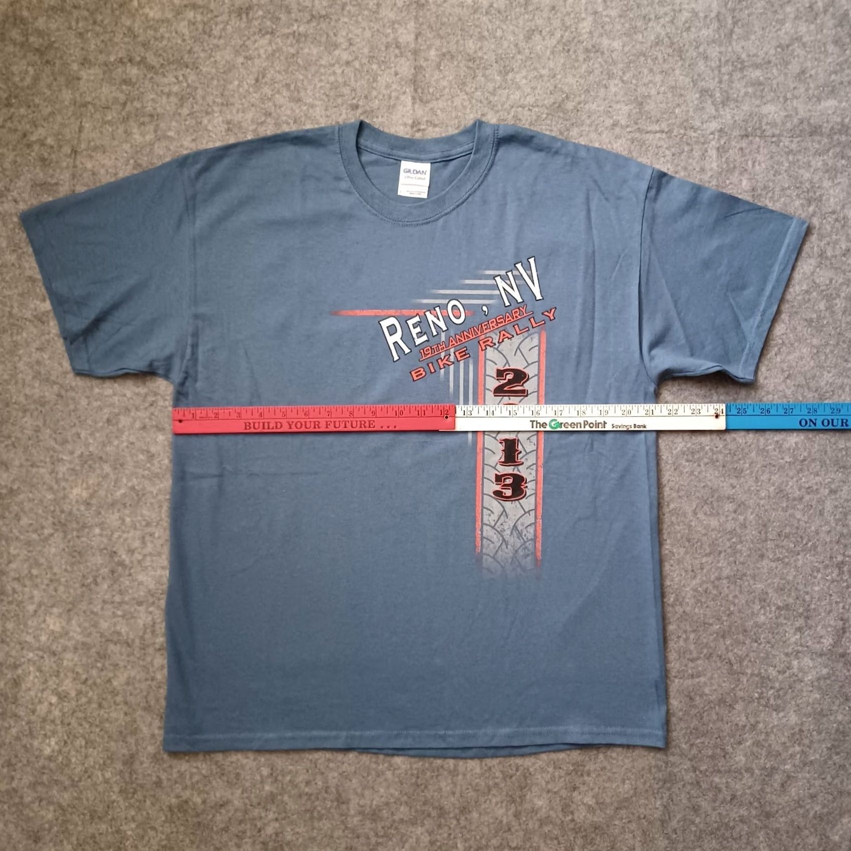 Gildan Reno Bike Rally Mens L Blue T-Shirt 19th Anniversary Double Side Short Sleeve Graphic Print Logo Gildan Ultra Cotton Regular Fit Size US L / EU 52-54 / 3 - 4 Thumbnail