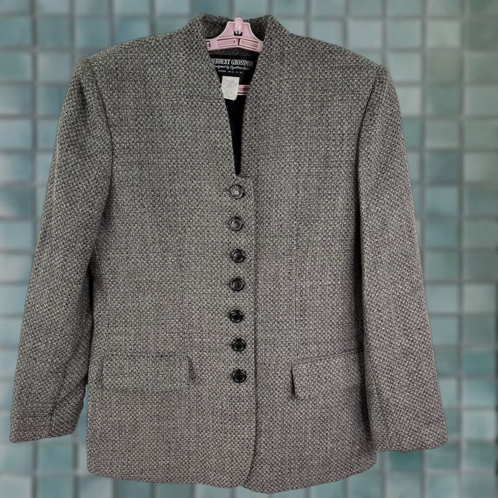 Vintage VINTAGE Herbert Grossman Blazer Jacket Womens Size 12 Gray Wool Blend Tweed/Peak Lapel Four-Button Long Sleeve Regular Fit Size XL / US 12-14 / IT 48-50 - 1 Thumbnail