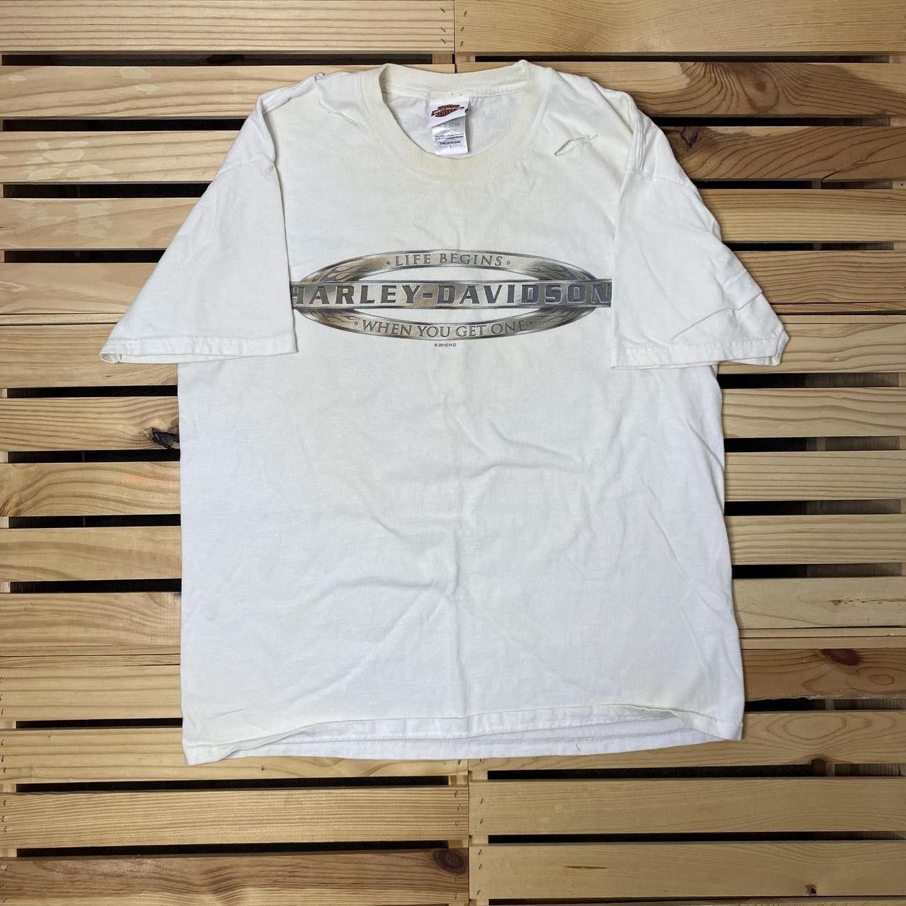 Harley Davidson Harley Davidson TX 2010 White Thrashed Biker Tee Size Large Size US L / EU 52-54 / 3 - 2 Thumbnail