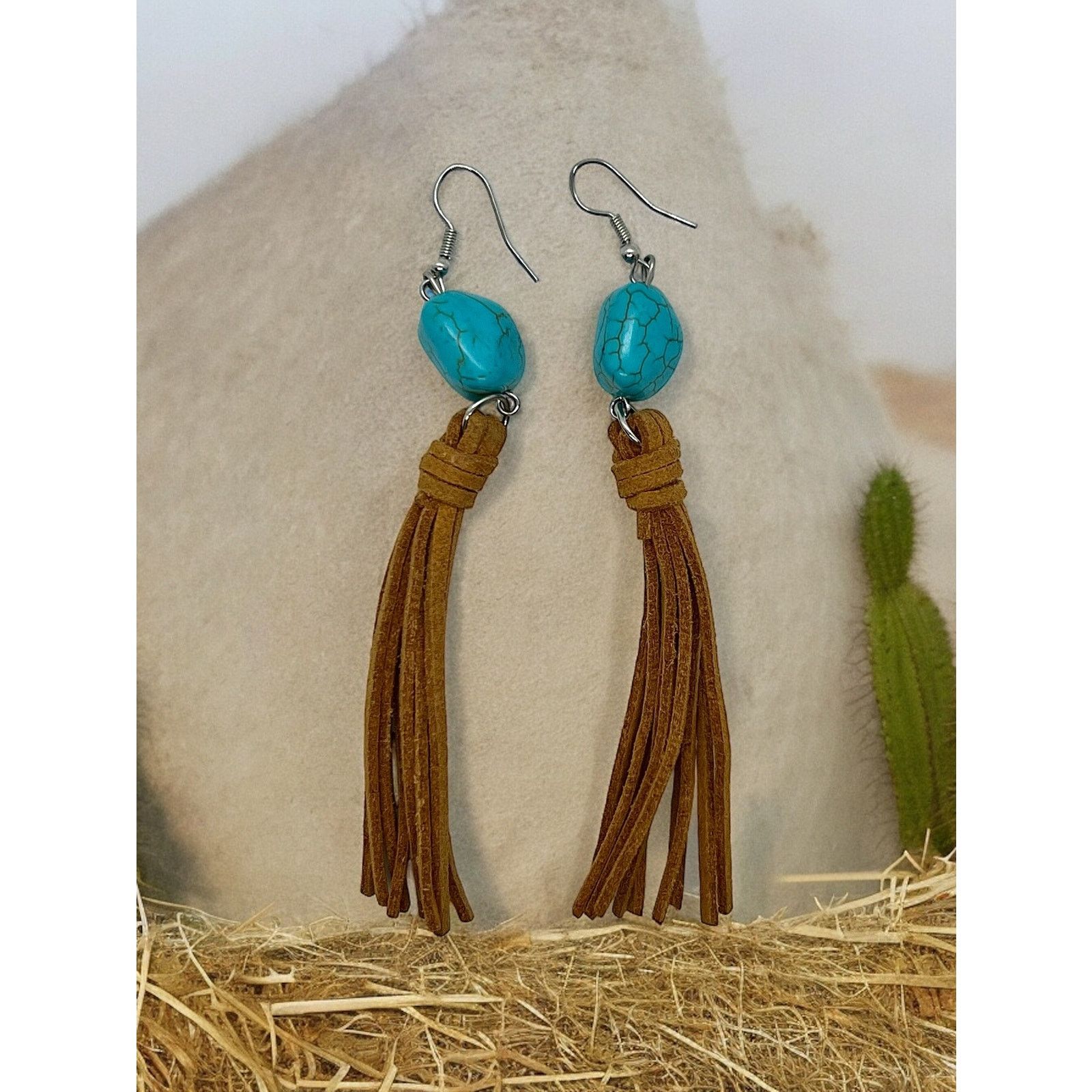 Vintage Faux Turquoise & Suede Leather Dangle Earrings Southwestern Size ONE SIZE - 5 Thumbnail