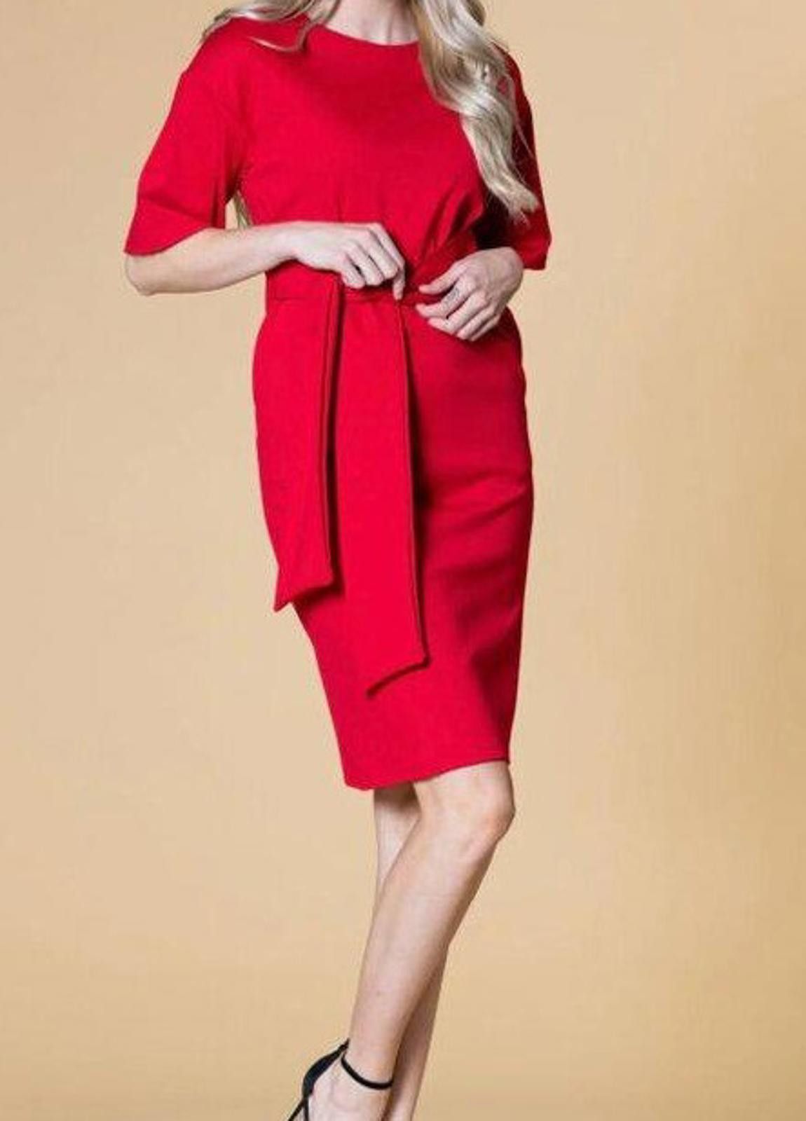 Designer Brigitte Brianna Red Knee-Length Belted Dress Womens Fashion Size L / US 10 / IT 46 - 5 Thumbnail