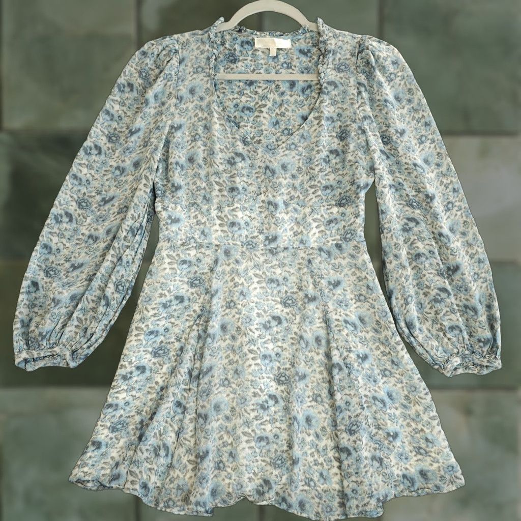 LoveShackFancy LoveShackFancy Cassidy Dress Blue Floral Puff Sleeve Ocean Breeze Mini Lined Crepe Casual Womens Short Dress 0 Size XS / US 0-2 / IT 36-38 - 1 Thumbnail