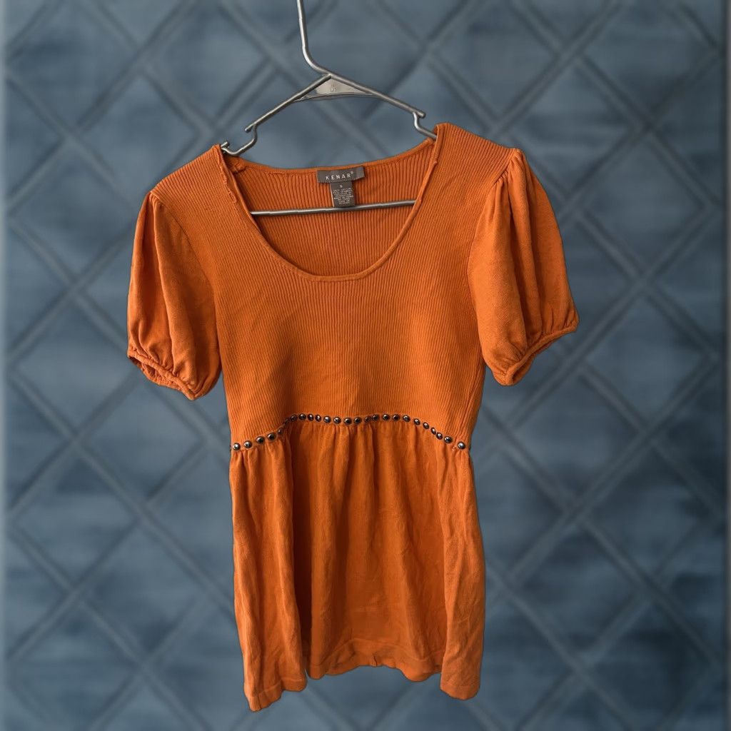 Vintage Kenar Women Orange Casual Dress Small Body: 27.0 Length, Short Sleeve, Square Neck, Studded, Cotton, Regular Size S, Casual Dresses, 90s? Size S / US 4 / IT 40 - 1 Thumbnail