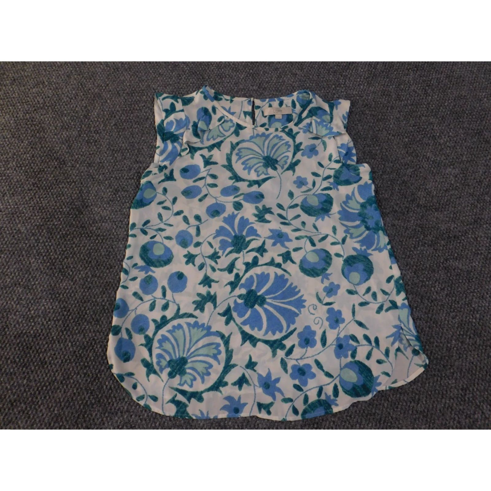 Loft LOFT Blouse Womens Medium White Blue Floral Sleeveless Ruffle Neck Work Top Size M / US 6-8 / IT 42-44 - 3 Thumbnail