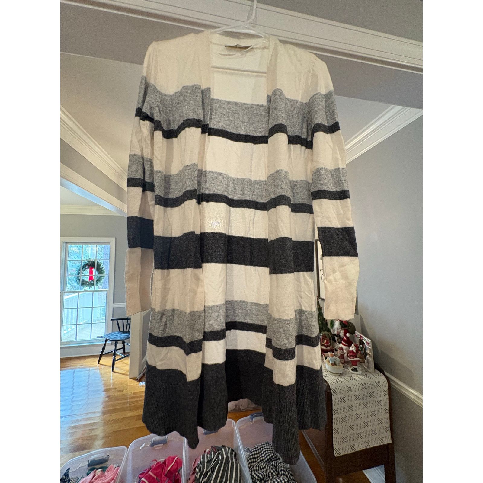 Loft LOFT XS Long Open Front Cardigan Cream Gray Striped Size XS / US 0-2 / IT 36-38 - 4 Thumbnail