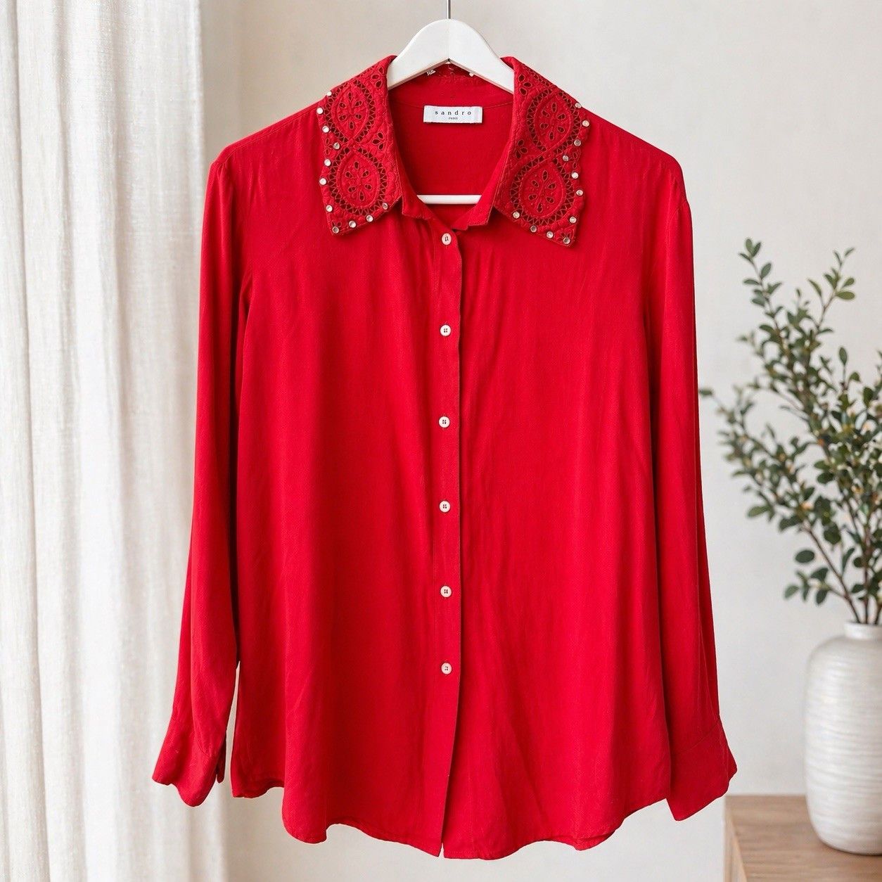 Sandro Sandro Paris Red Embellished Collar Blouse Sz 2 100% Viscose Size M / US 6-8 / IT 42-44 - 1 Thumbnail