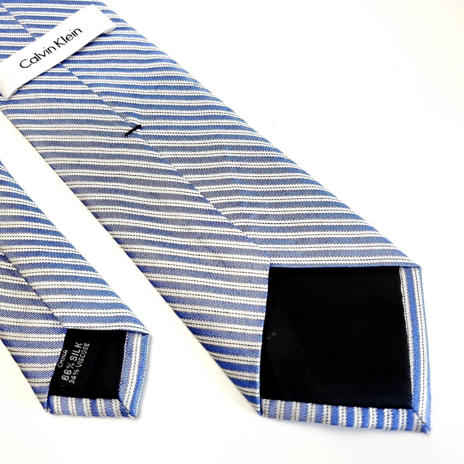 Calvin Klein Calvin Klein Blue White Striped Woven Skinny Silk Tie Size ONE SIZE - 5 Thumbnail