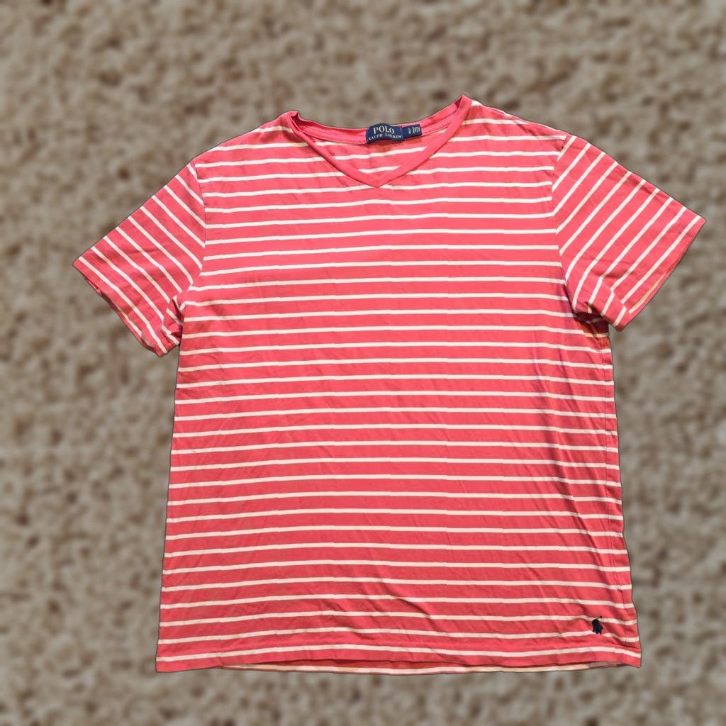 Polo Ralph Lauren Polo Ralph Lauren Shirt Mens Large Pink White Striped V Neck T-Shirt Casual Basic Size US L / EU 52-54 / 3 - 1 Thumbnail