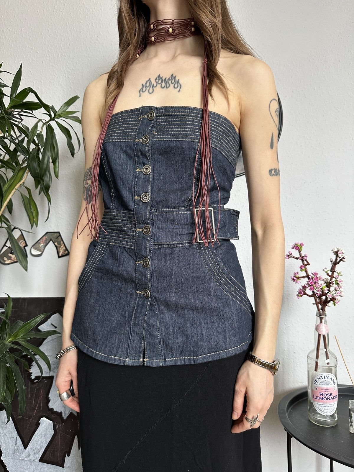 Japanese Brand Denim Button Up Bustier Belted Buckle Sexy Top Size XS / US 0-2 / IT 36-38 - 7 Thumbnail
