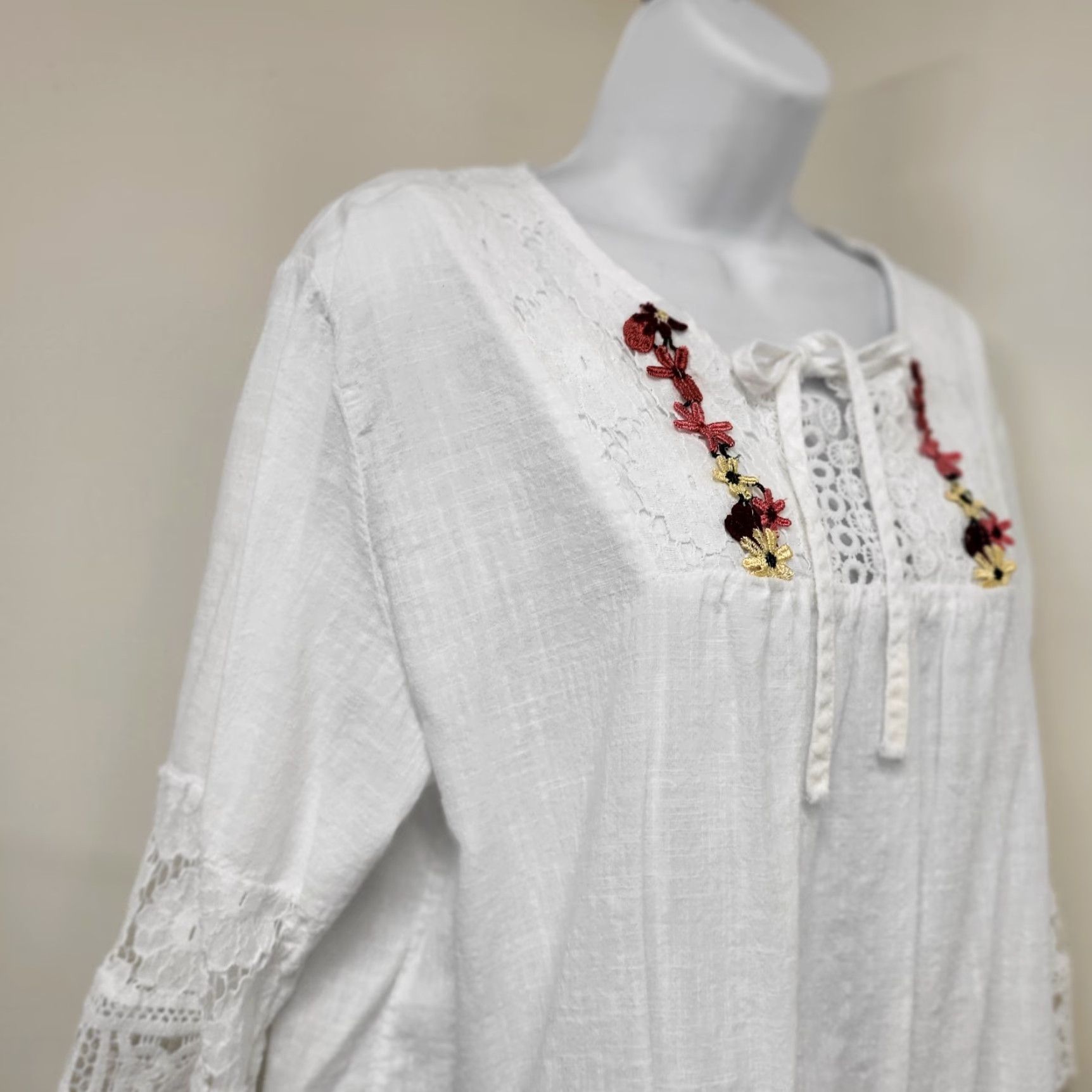 Vintage Embroidery Boho Linen Tops Shirt Womens XXL Bohemian Floral Embroidered Blouses Hippie Size XXL / US 16-18 / IT 52-54 - 7 Thumbnail