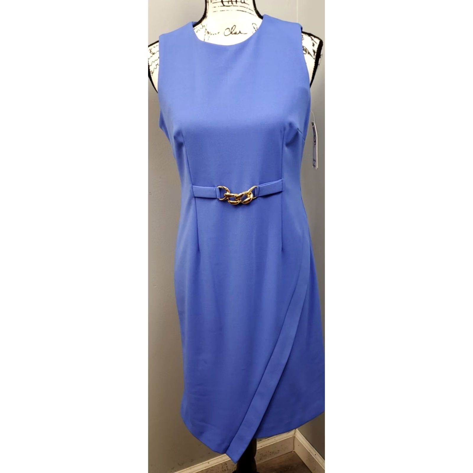 Vintage Shelby & Palmer Wrap Dress Women 6 Blue Round Neck Asymmetric Buckle Waist Midi Sleeveless Gifted? Size M / US 6-8 / IT 42-44 - 2 Thumbnail