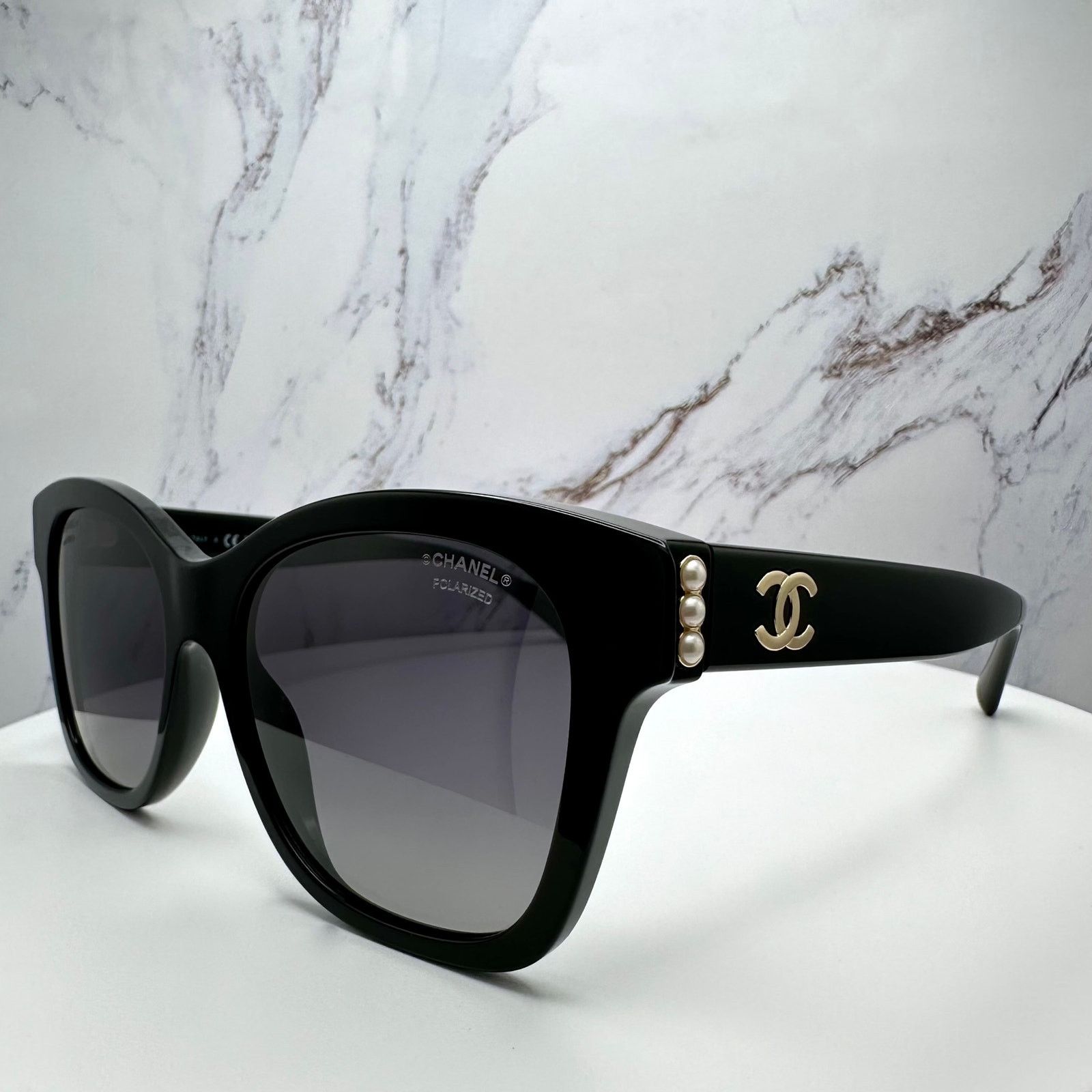 New CHANEL Sunglasses Polarized Black Gold Square CC Pearls