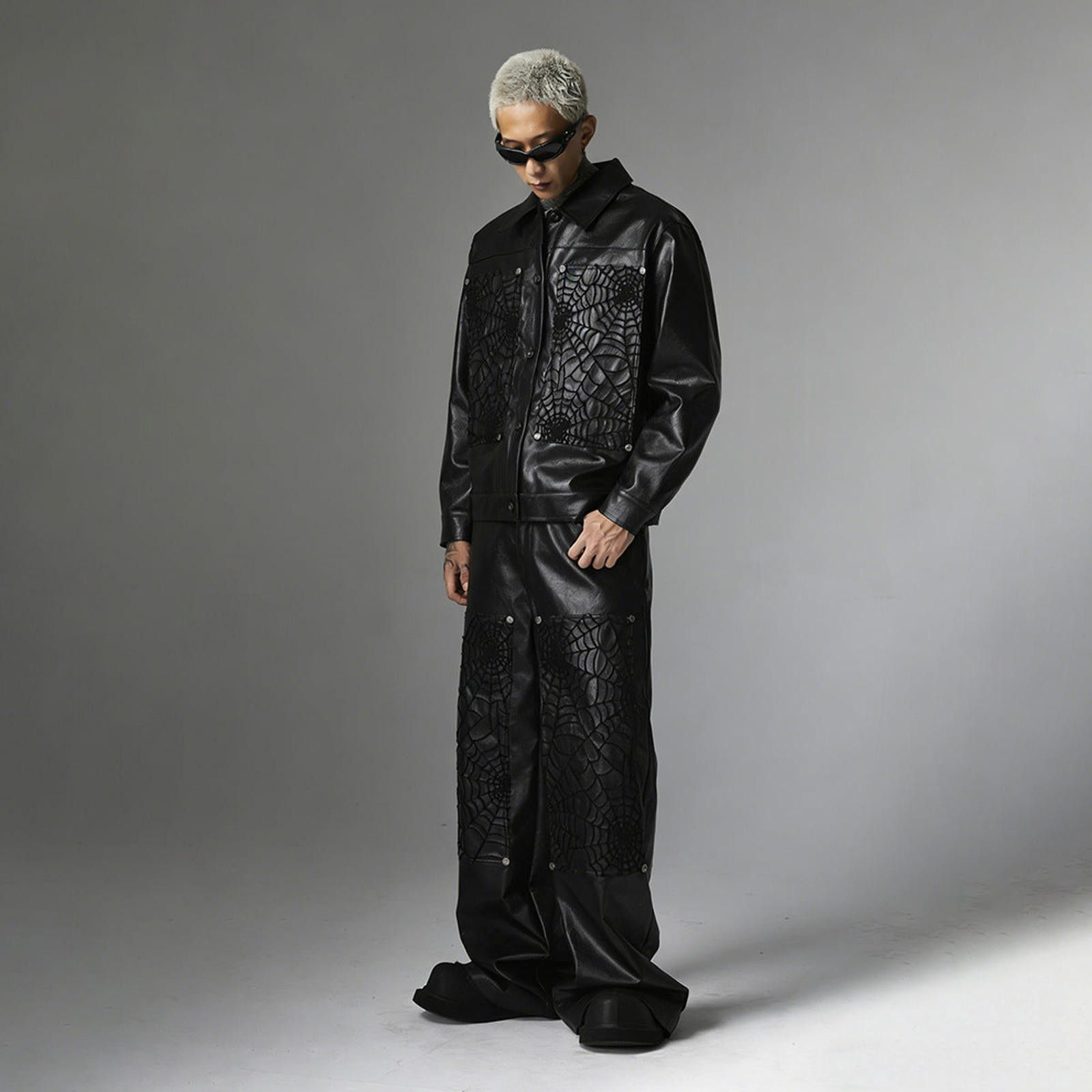 Japanese Brand Black Wide Leg Leather Pants, Embossed Spiderweb Design Size US 32 / EU 48 - 2 Thumbnail