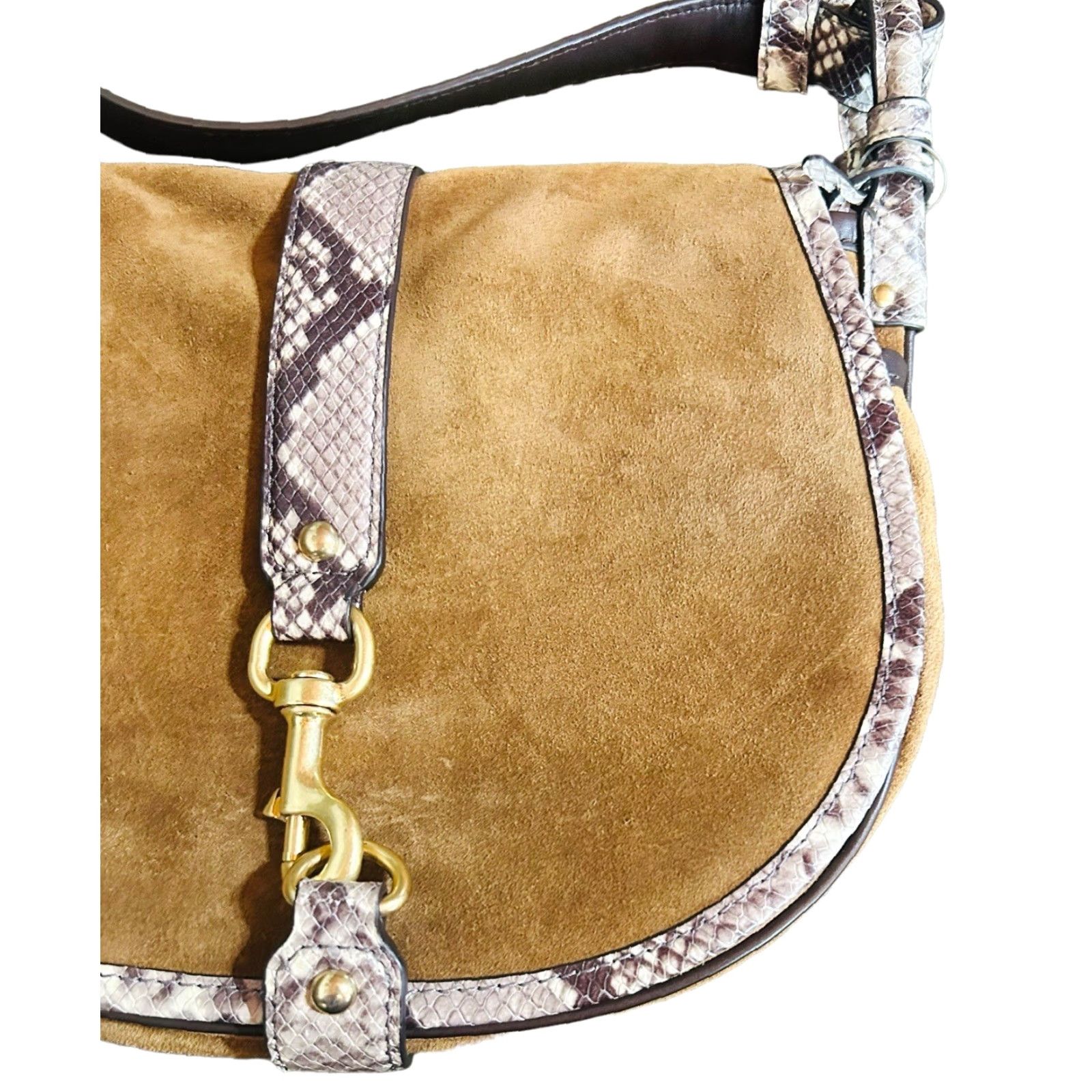 Vintage Michael Kors Jamie Saddle Bag Women's Crossbody Purse Brown Suede Snake Print Crossbody Bag, Large, Brown, Adult Women, 15in Strap, Gold hardware Size ONE SIZE - 3 Thumbnail