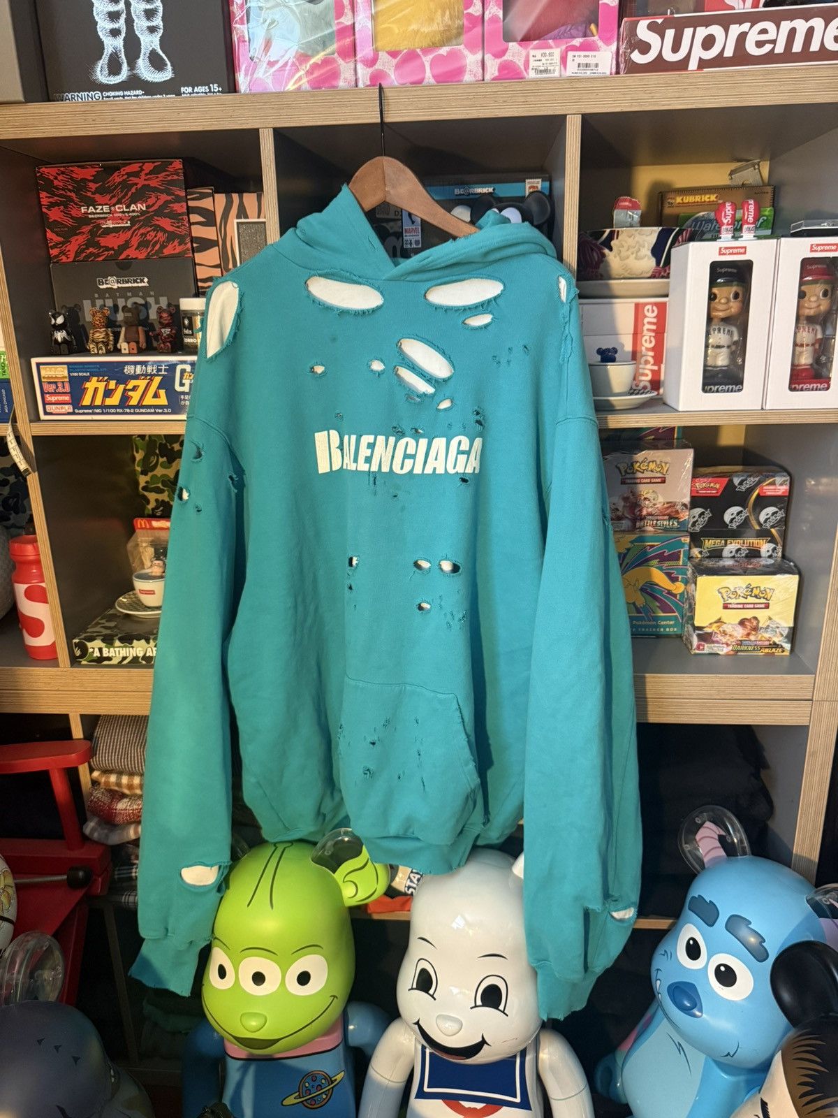Balenciaga Turquoise Destroyed Logo Hoodie SS21