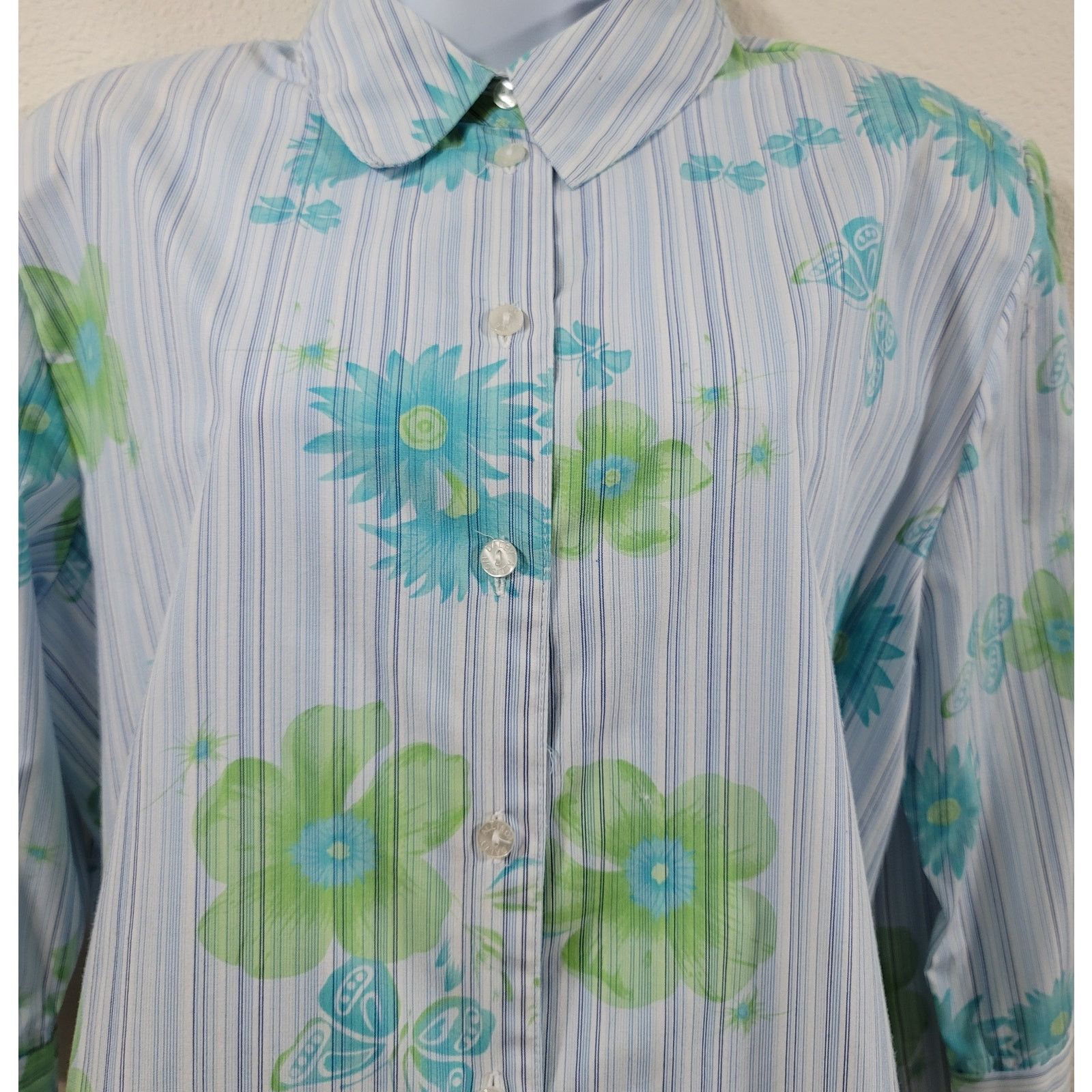 Other Allison Daley Blue Green Striped Floral Button Top 16 Size XXL / US 16-18 / IT 52-54 - 2 Thumbnail