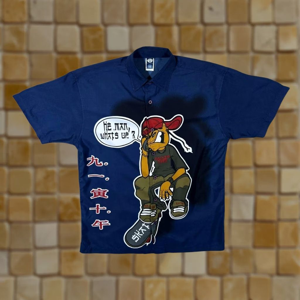C&A C&A Early 00's Here & There Goth Y2K Skater Cartoon Graphic Blue Polyester Shirt S Mens Short Sleeve Button-Up Collared Size US S / EU 44-46 / 1 - 1 Thumbnail