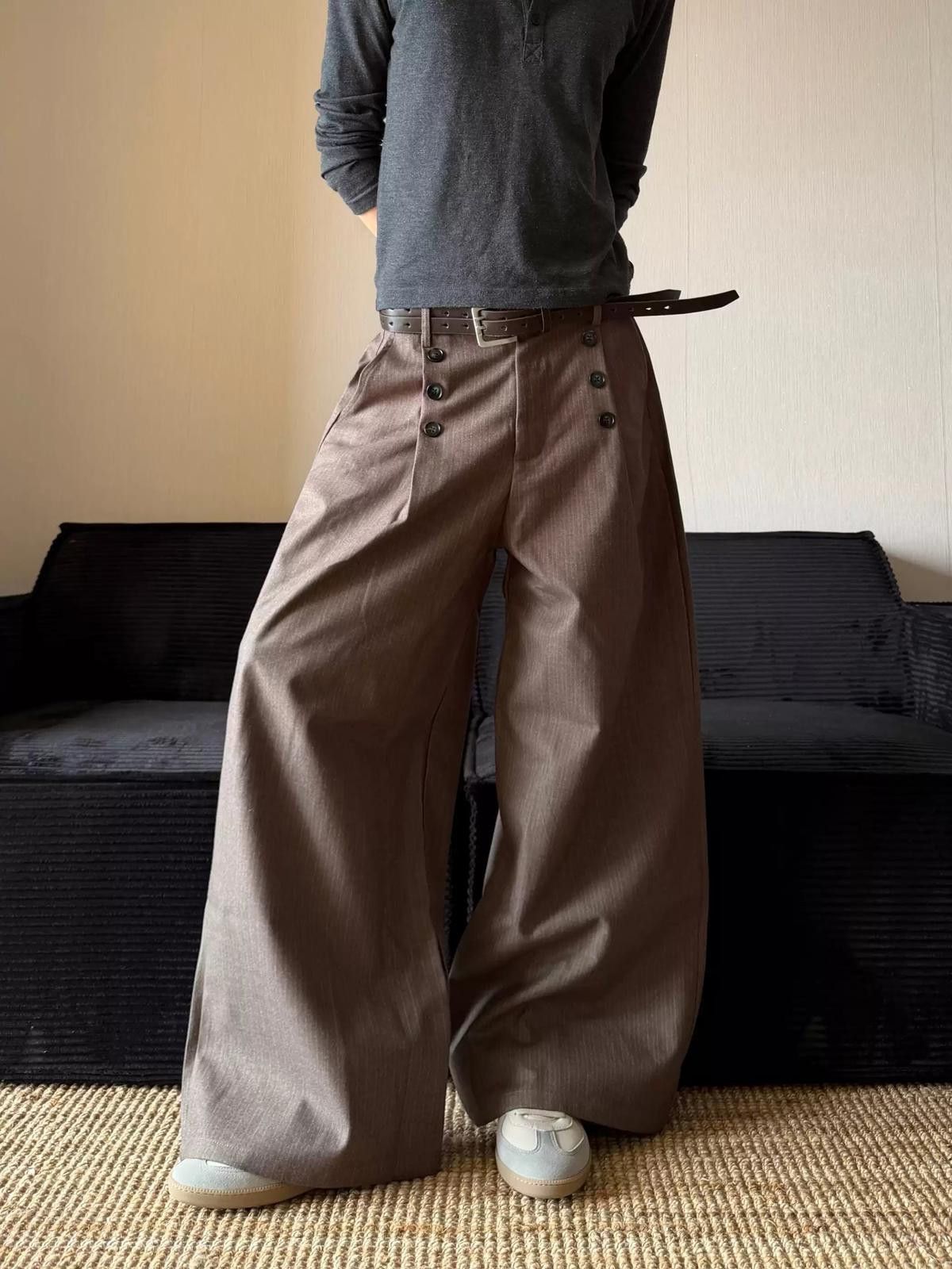Other Brown Wide Leg High Waist Pants, Button Detail Trousers Size US 28 / EU 44 - 5 Thumbnail
