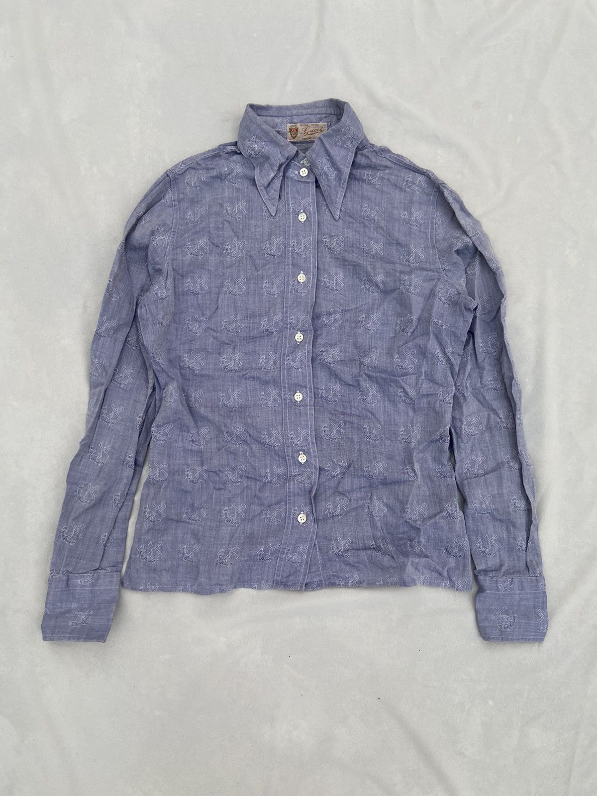 image of Gucci 70's Anchor Embossed Button Down Shirt in Blue, Women's (Size Small)