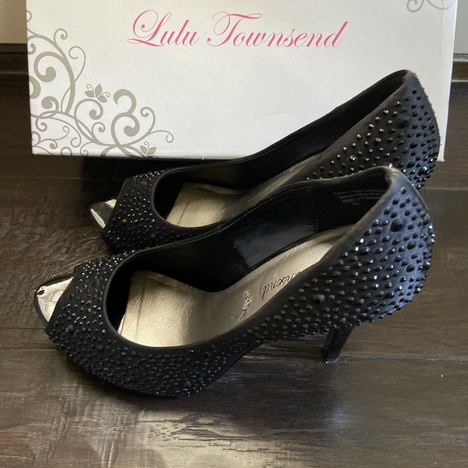 Other Lulu Townsend Black Satin Rhinestone Peep Toe Heels Size 9.5 Size US 9.5 / IT 39.5 - 1 Thumbnail