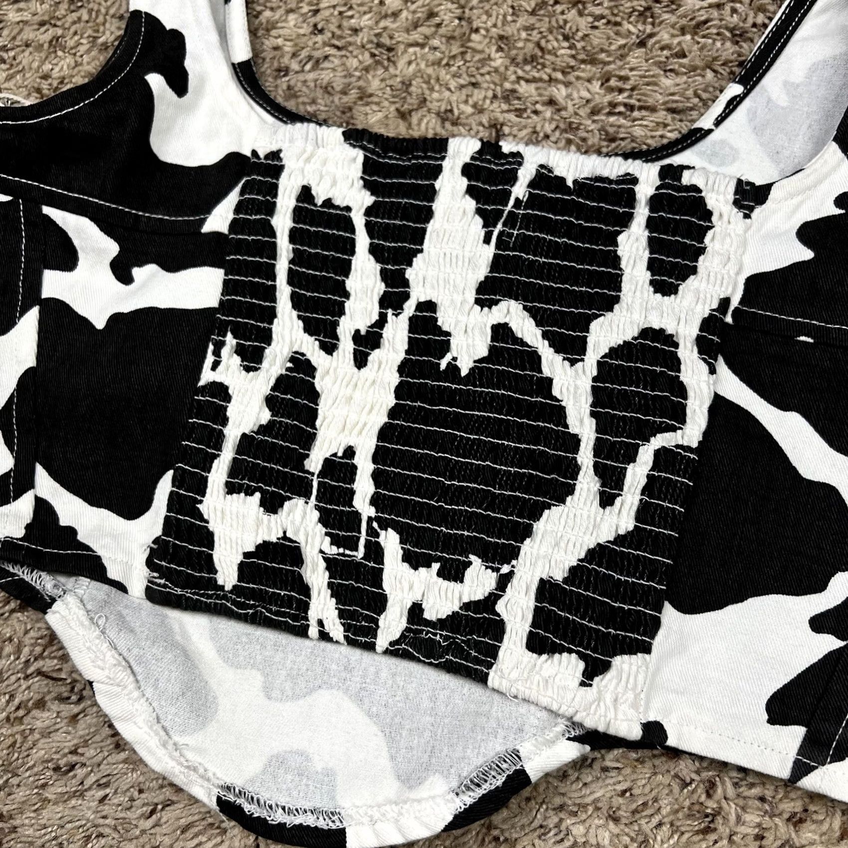 Denime Lone Star Cow Print Corset Structured Denim Crop Top Womens Medium Shirt Sleeveless Cropped Western Cowboy Cowgirl Slim Regular Black Cap Sleeve? Size M / US 6-8 / IT 42-44 - 6 Thumbnail