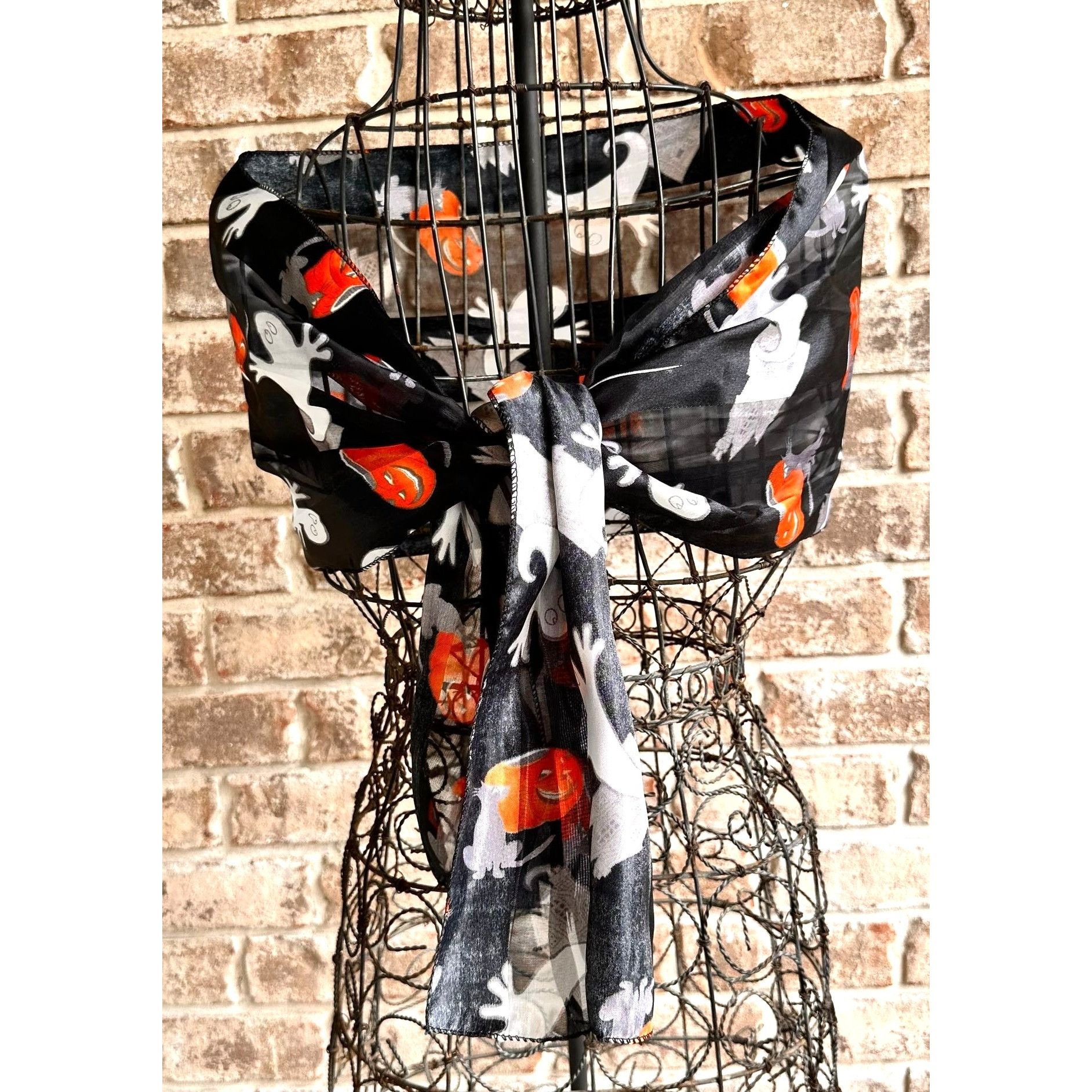 Vintage Halloween Scarf Black Gray Cats Ghosts Jack O Lantern Festiv Size ONE SIZE - 5 Thumbnail