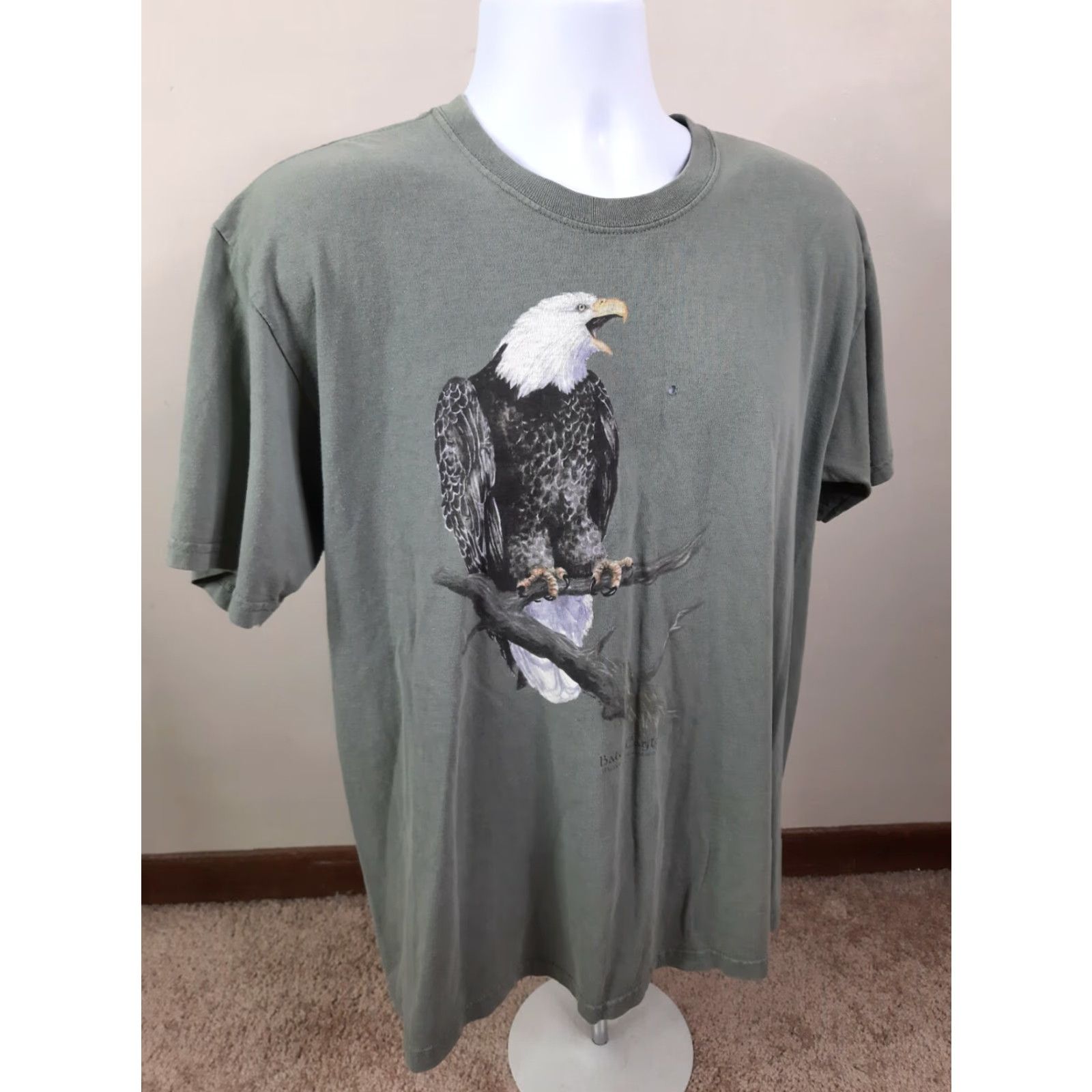 Gildan VINTAGE Bald Eagle Animal Nature Outdoors All Over Print T Shirt Large Green 90s Mens Tee T3S Size US L / EU 52-54 / 3 - 4 Thumbnail