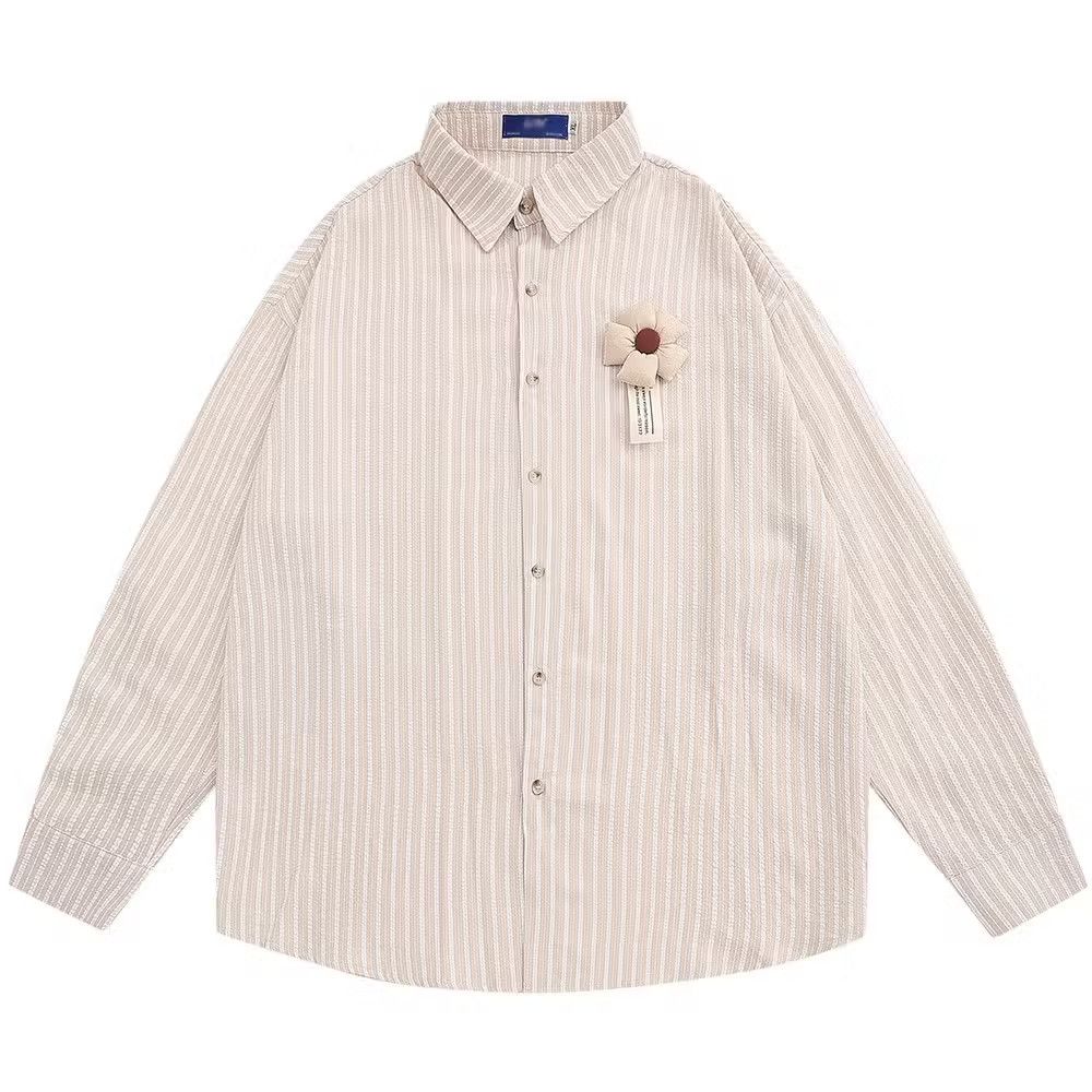 image of Vintage Decorative Floral Vertical Stripe Long Sleeved Shirt in Apricot, Men's (Size Large)