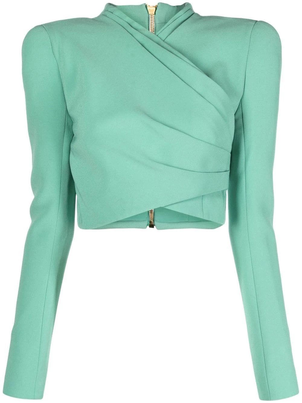 image of Balmain O1Srvl11E0524 Long sleeve Crepe Wrap Crop Top In Green, Women's (Size Small)