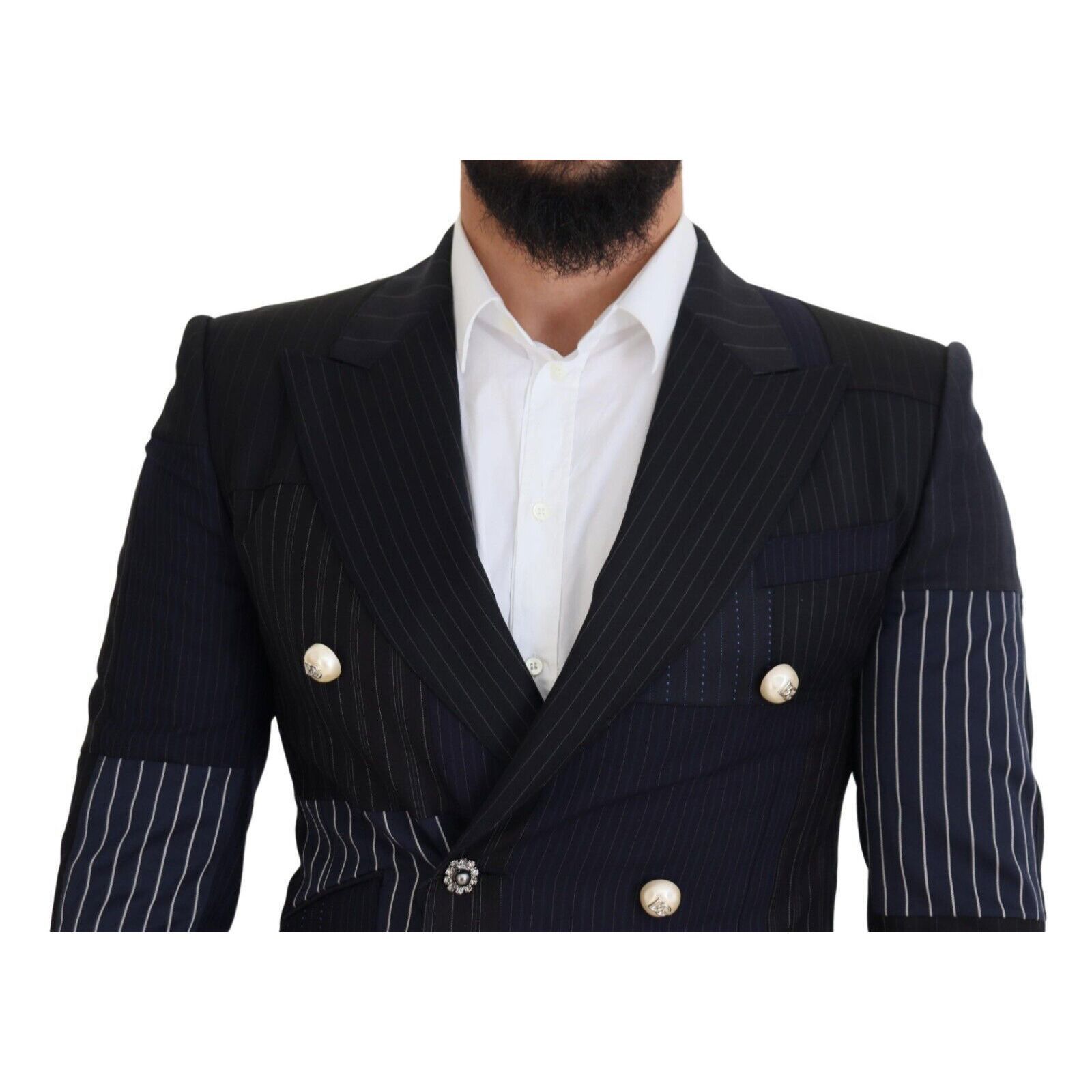 Dolce & Gabbana Dolce & Gabbana Blue Wool Patchwork Double Breasted Blazer Size 46S - 4 Thumbnail