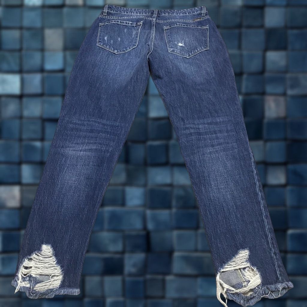 Vintage KanCan Jeans Womens Jeans Distressed Straight Mid Rise Dark Wash Blue Denim 5 Juniors Regular 29in Inseam 28in Button Zip Pockets Logo Fringe Size 27" / US 4 / IT 40 - 1 Thumbnail
