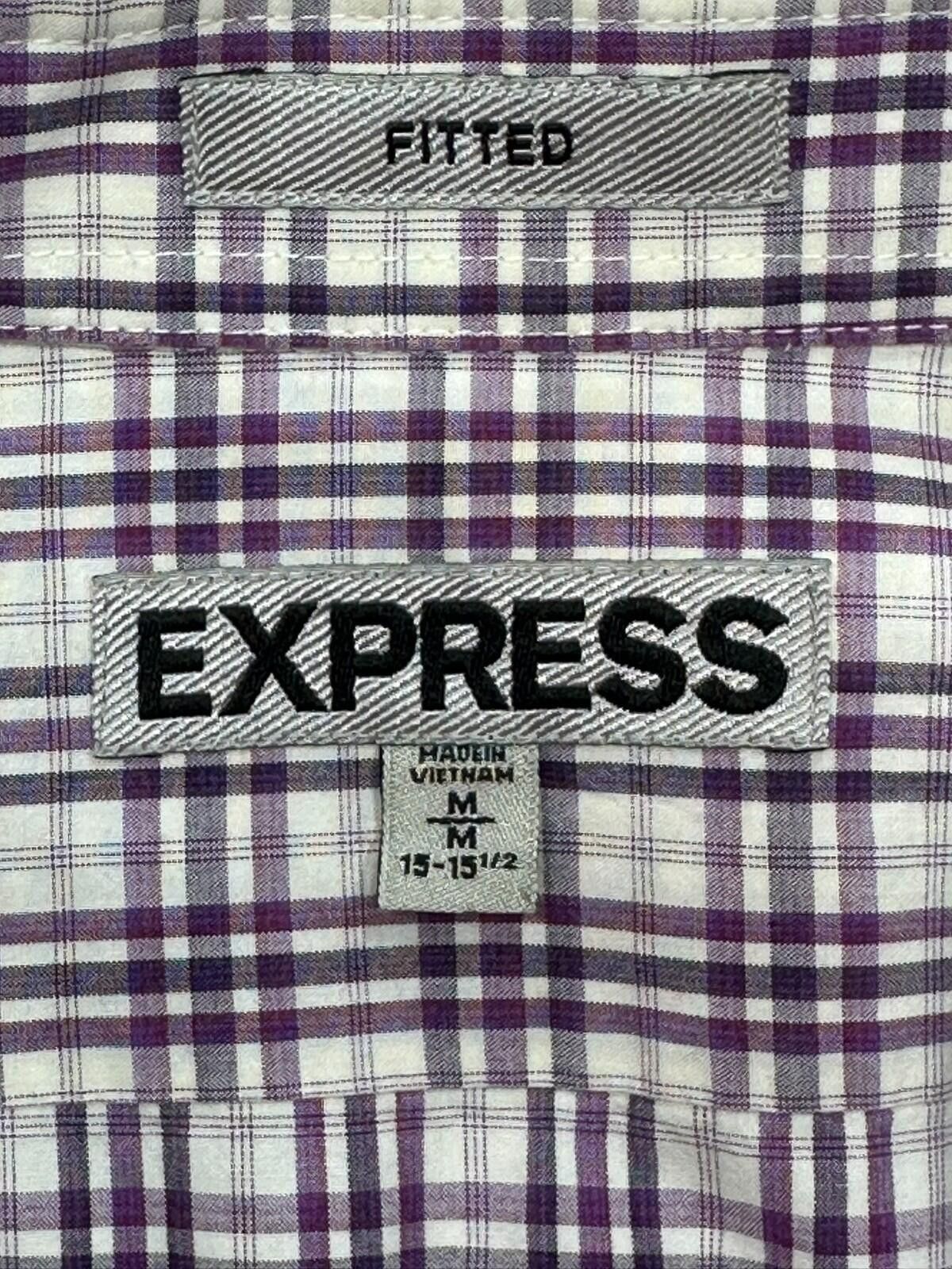 Express Express Fitted Striped/Check Button Up Purple Mens M 15-15.5 Size US M / EU 48-50 / 2 - 7 Thumbnail