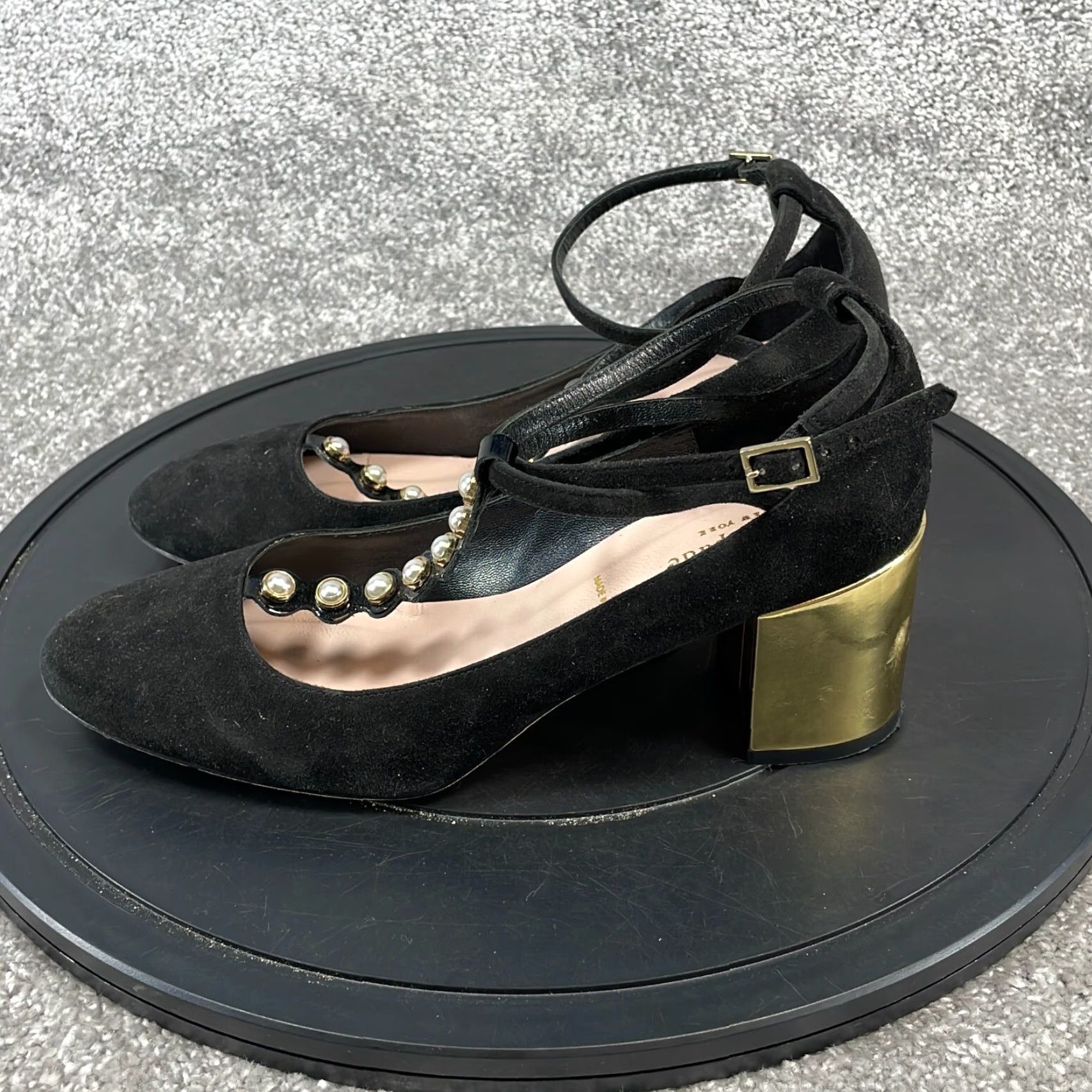 Melissa Kate Spade Heels Women's Size 9.5 M Elissa Pearl Buckle T-Strap Black Suede Size US 10 / IT 40 - 4 Thumbnail