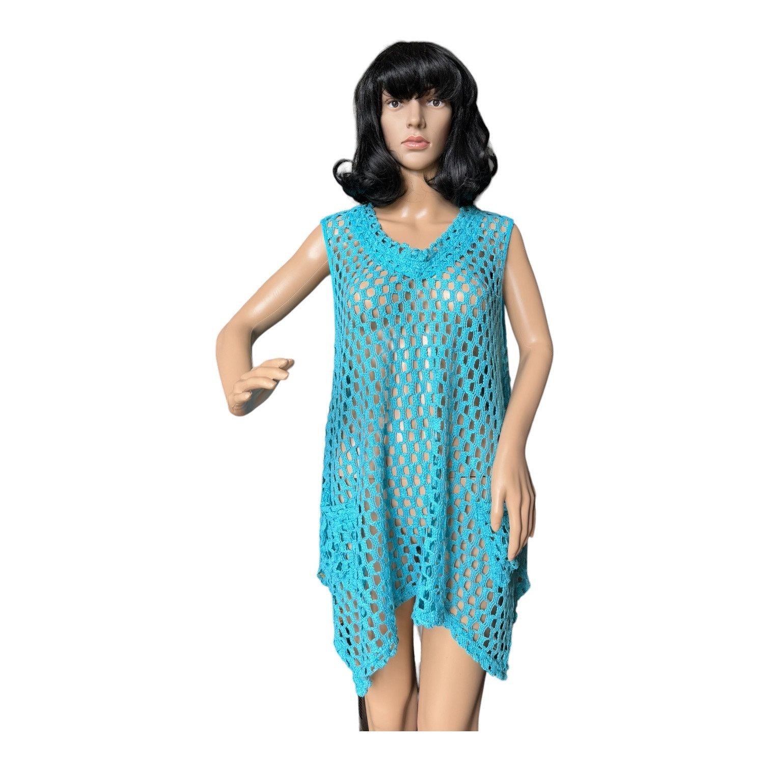 Other Kaktus Tunic Open Weave Crochet Lagenlook Boho blue large Size L / US 10 / IT 46 - 1 Thumbnail
