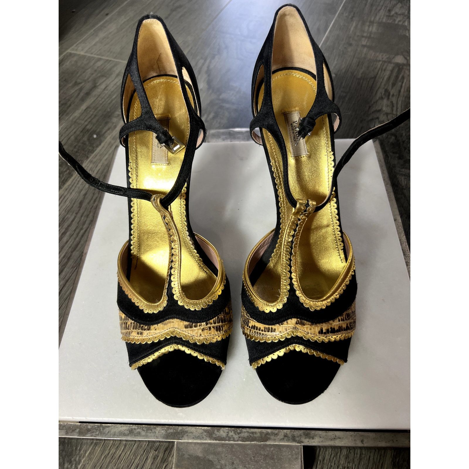 Prada Prada Sandals black satin gold python heels 40.5 10.5 Size US 10.5 / IT 40.5 - 2 Thumbnail