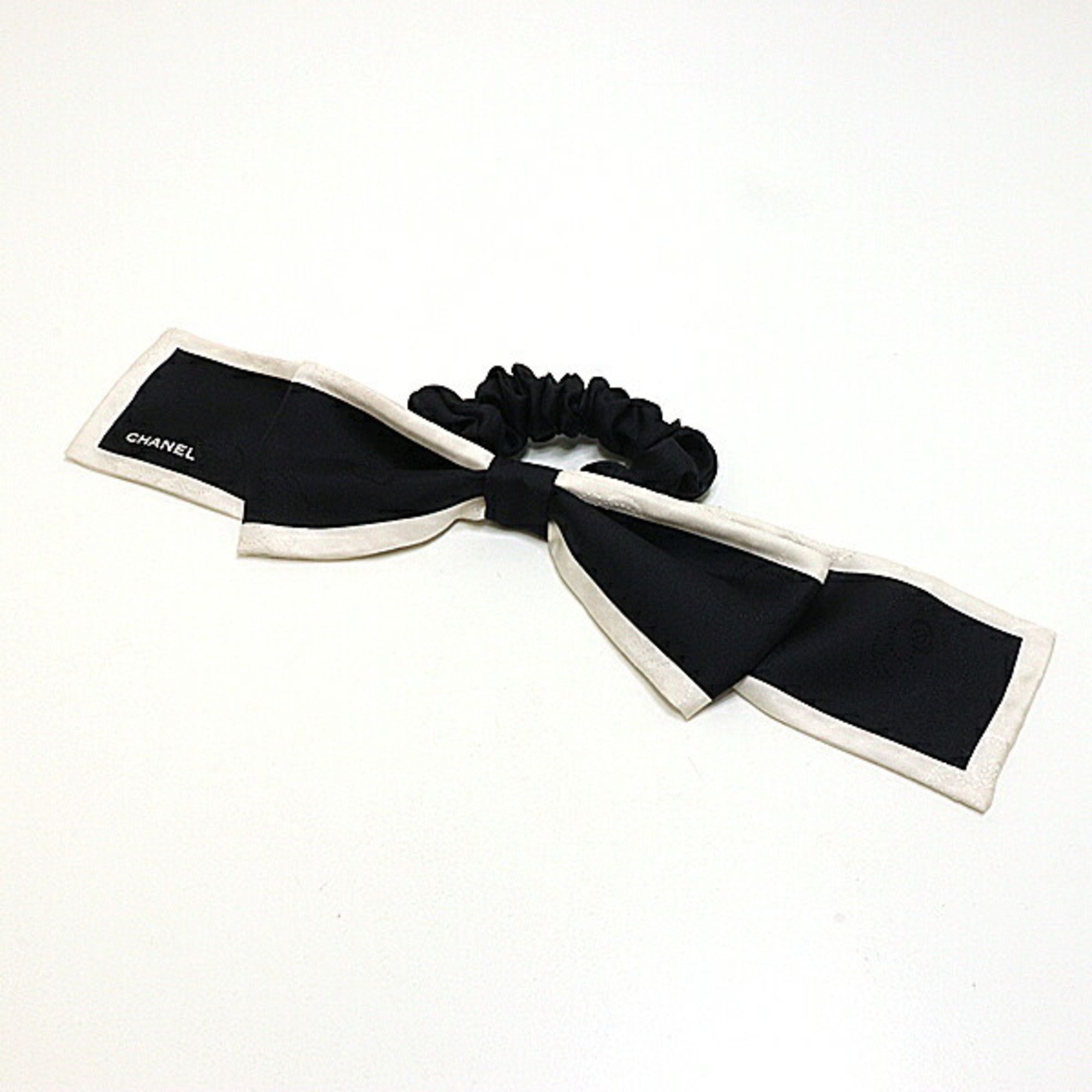 image of Chanel Ribbon Scrunchie 100% Silk Black White 23V Hair Tie, Women's