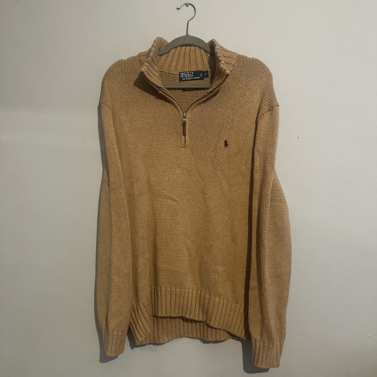 Polo Ralph Lauren × Vintage Vintage Polo Ralph Lauren Light Brown Tan Knit Quarter Zip Size US L / EU 52-54 / 3 - 1 Thumbnail
