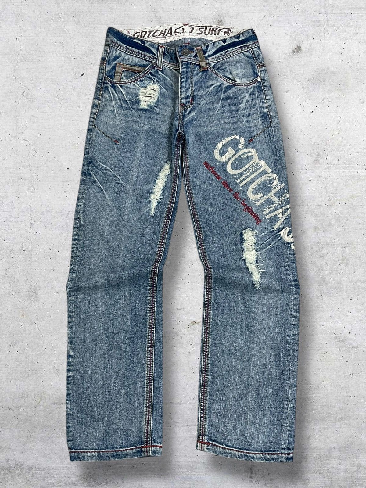 VINTAGE DESIGNER GOTCHA MULTIPLE FRAYED RIPPED PATCHES DENIM