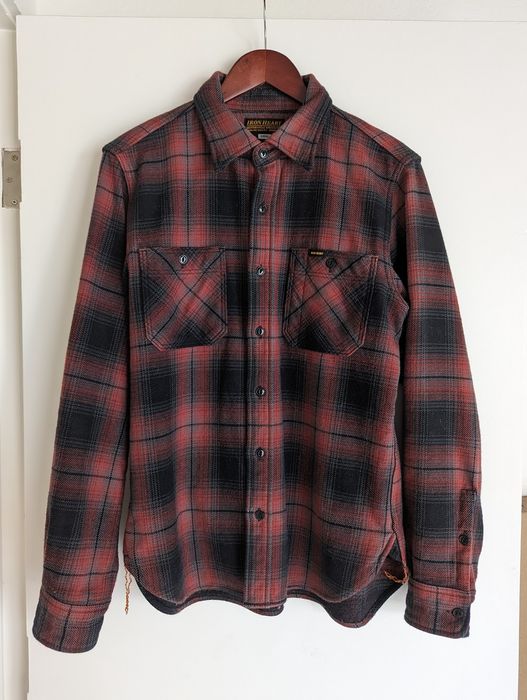 Iron Heart IHSH314RED Ultra Heavy Flannel Work Shirt Ombré Check