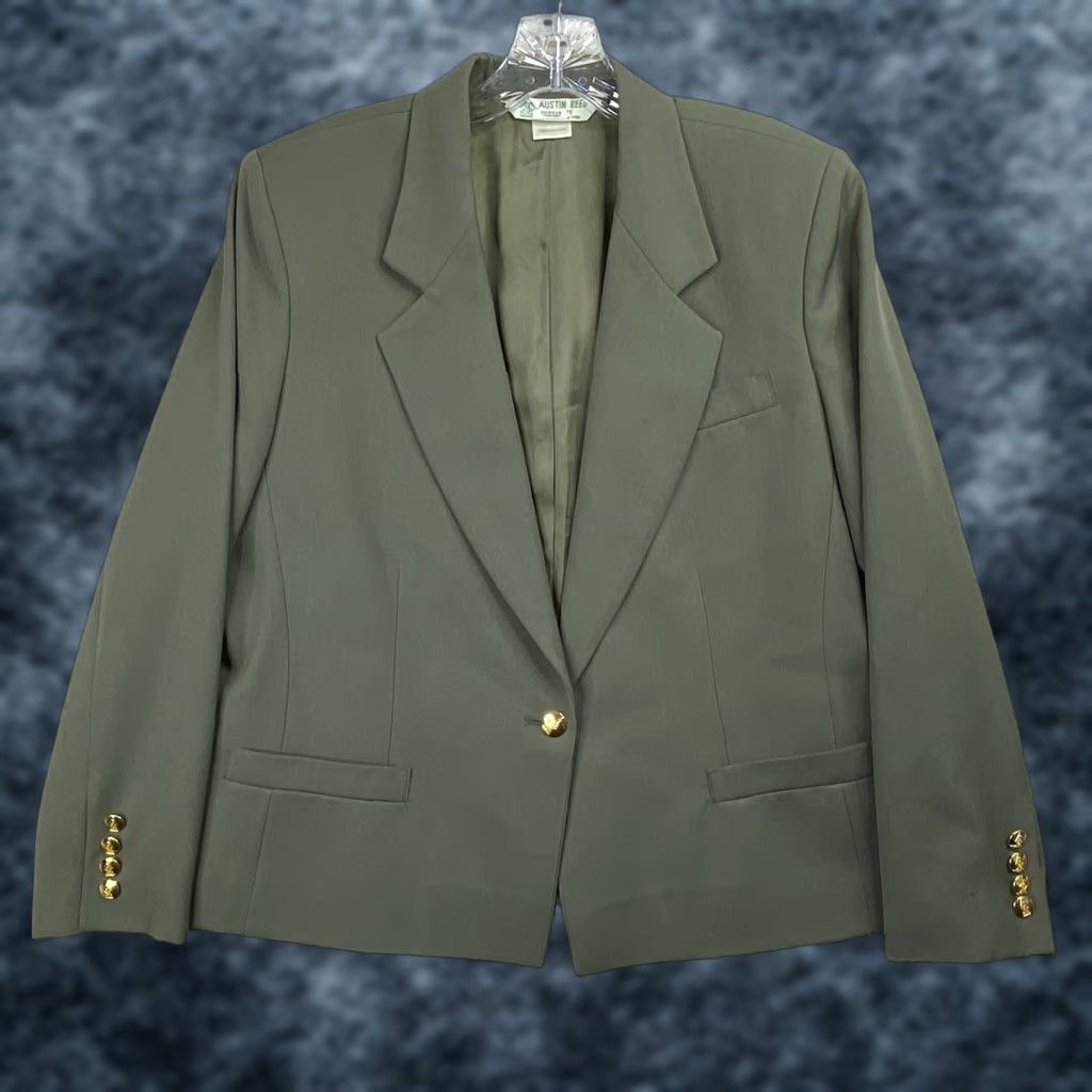 Austin Reed VINTAGE Austin Reed Blazer Skirt 2 Piece Womens 10 Green Gold USA Wool Button Front 1-Button Notch Lapel Regular Long Sleeve Solid Size 32" / US 10 / IT 46 - 1 Thumbnail