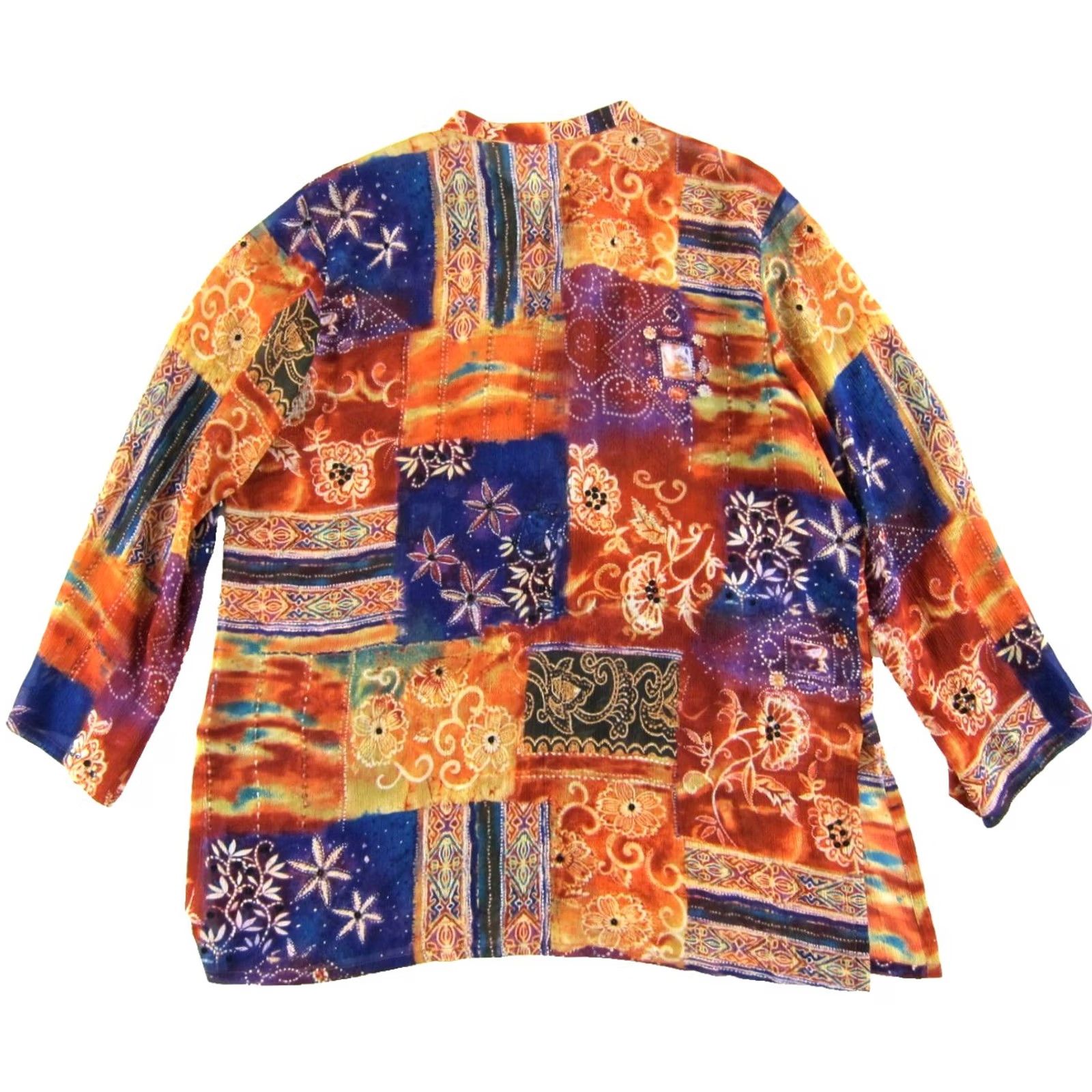 Vintage Chico's Blouse Shirt 2/L Orange Purple Green Floral Sequin Silk Pullover 100% Cotton Satin Sheer Casual 70s Bohemian Floral Womens Size L / US 10 / IT 46 - 2 Thumbnail