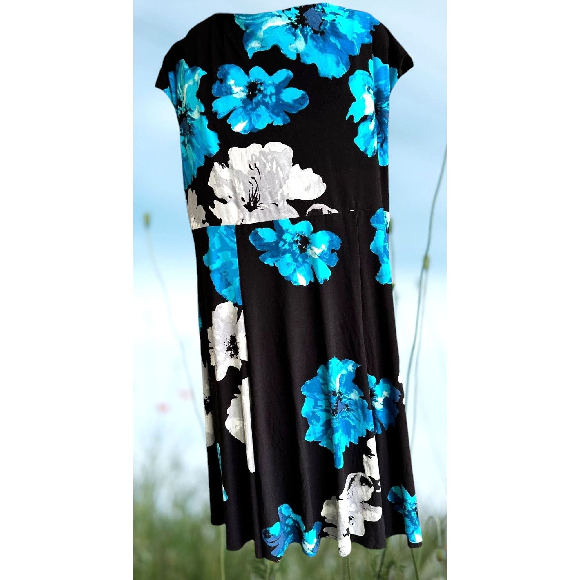Vintage VTG Jones Studio Woman Blue Floral Dress 20W Black Sleeveles Size 3XL / US 20-22 - 5 Thumbnail