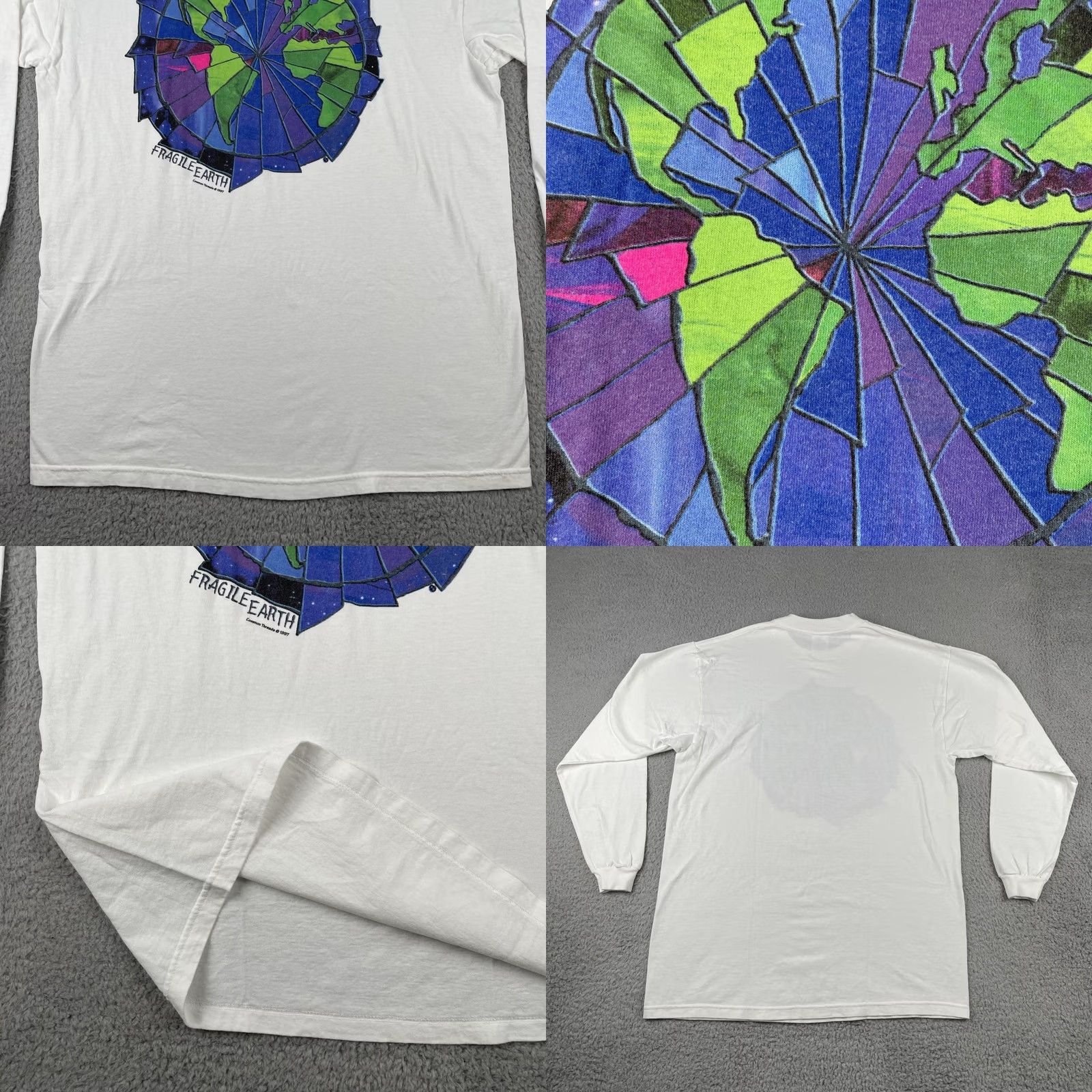 Delta VINTAGE Delta Shirt Mens Large White 90s USA Nature Artwork Fragile Earth Common Threads, T-Shirt, Crew Neck, Long Sleeve, Graphic Print Size US L / EU 52-54 / 3 - 8 Thumbnail