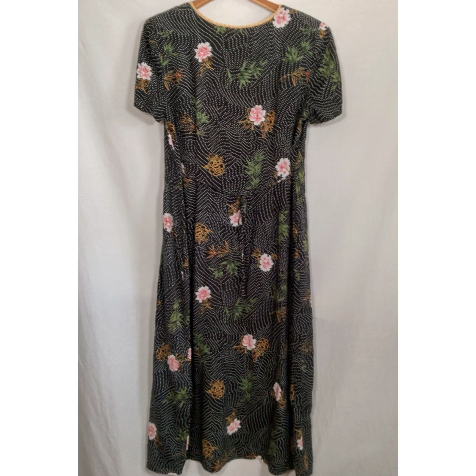 Vintage VINTAGE 1990s R&K Originals Maxi Dress Black Polka Dot Pink Floral Rayon Long Size L / US 10 / IT 46 - 3 Thumbnail