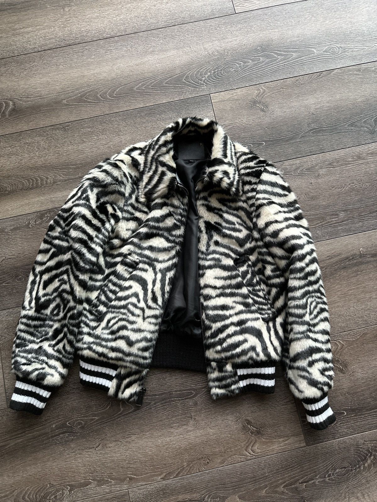 image of R13 Zebra Fur Bomber in Black, Women's (Size Small)