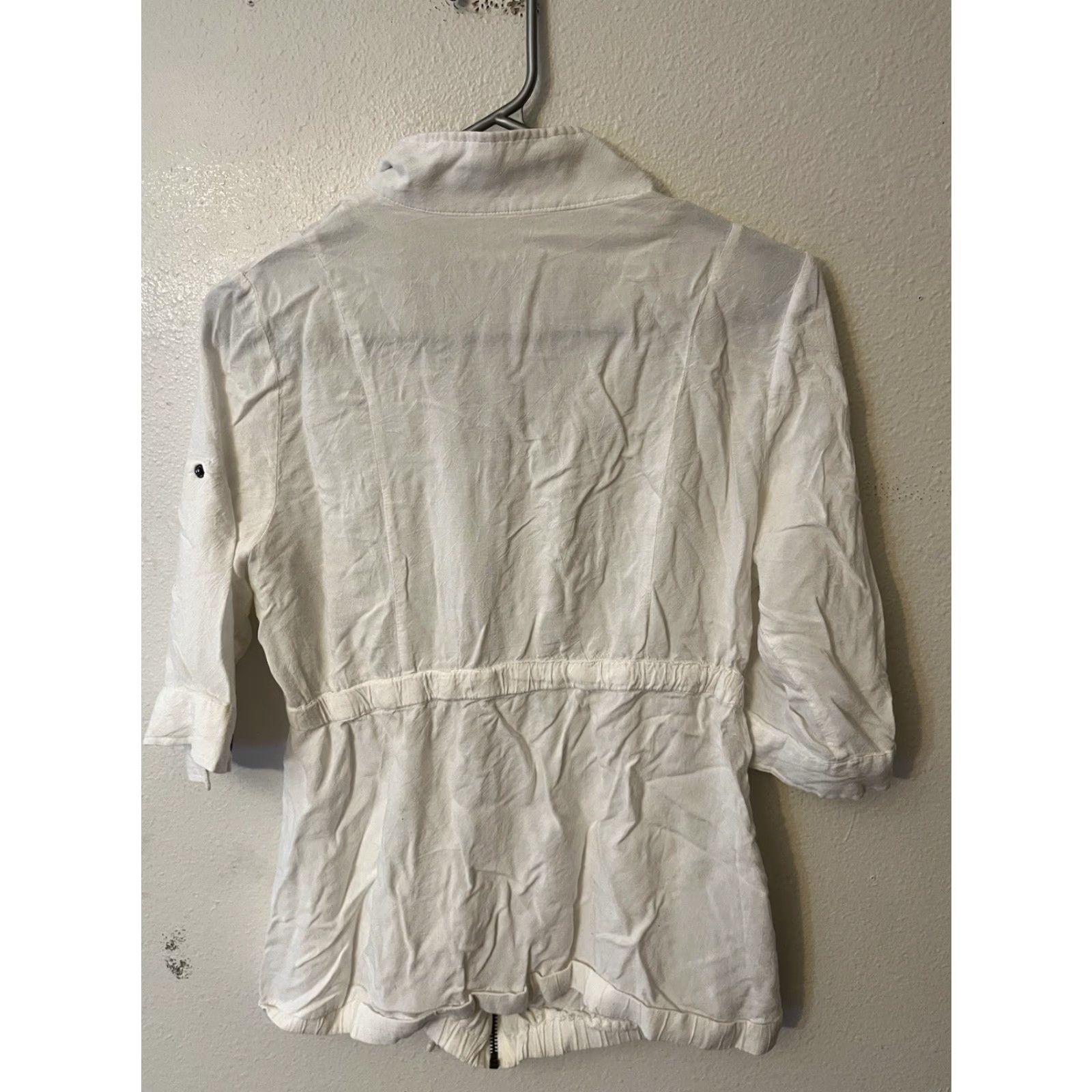 Vintage Basic Edge Clothing Jacket Cotton Blend Gauze Womens White L 3/4 Sleeve Full Zip Mock Neck Pockets Size L / US 10 / IT 46 - 2 Thumbnail